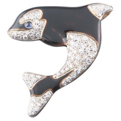 Pendentif/Broche en or jaune 14 carats avec diamants de 1,49 carat et émail noir représentant une baleine