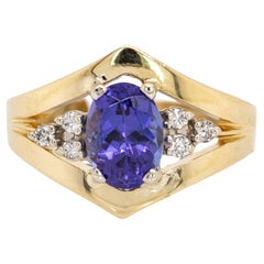 Anello in oro giallo 14K con tanzanite e diamanti naturali da 1,4 carati  OV 8x6mm