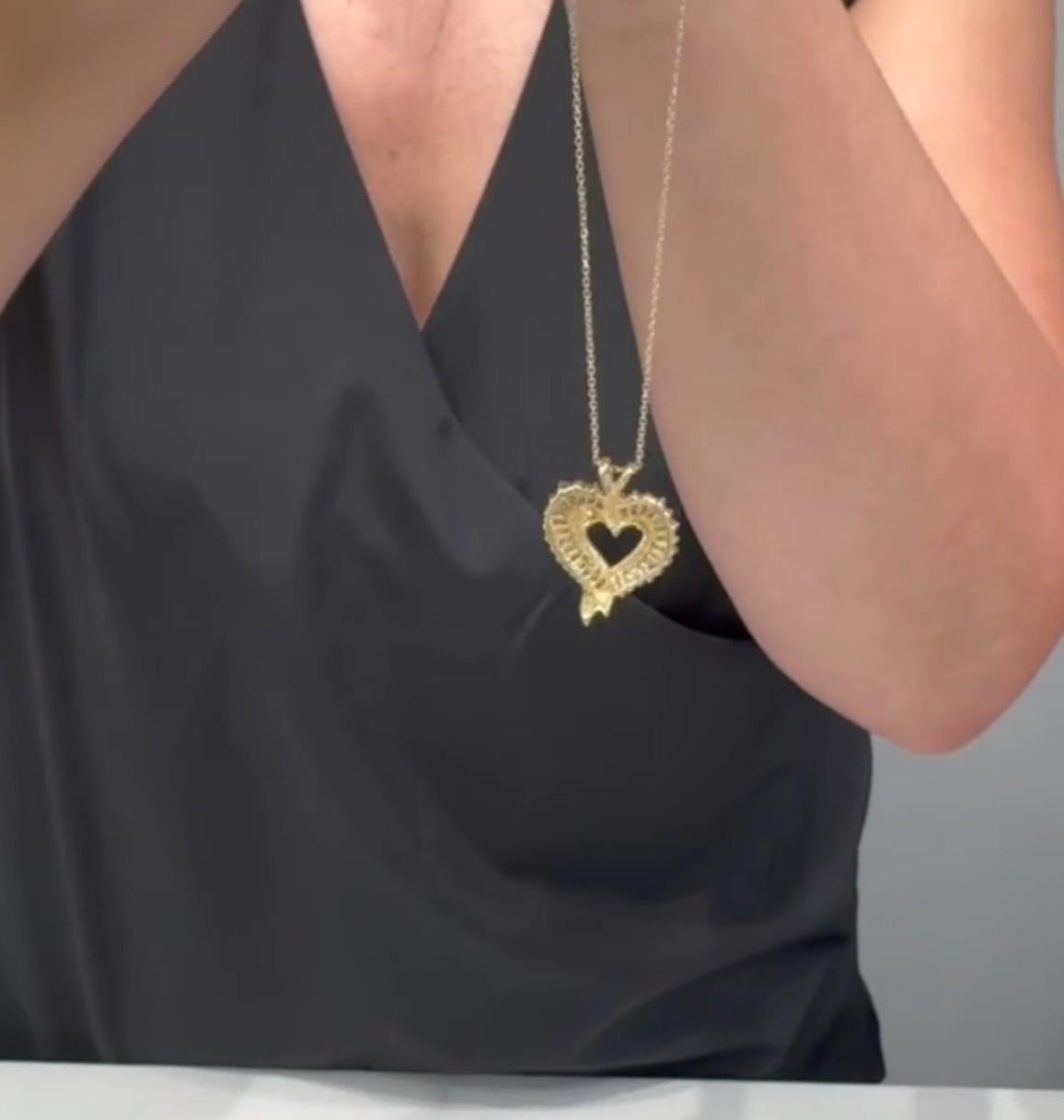 Women's 14K Yellow Gold 1.5 Carat Baguette Diamond Heart Pendant Necklace For Sale