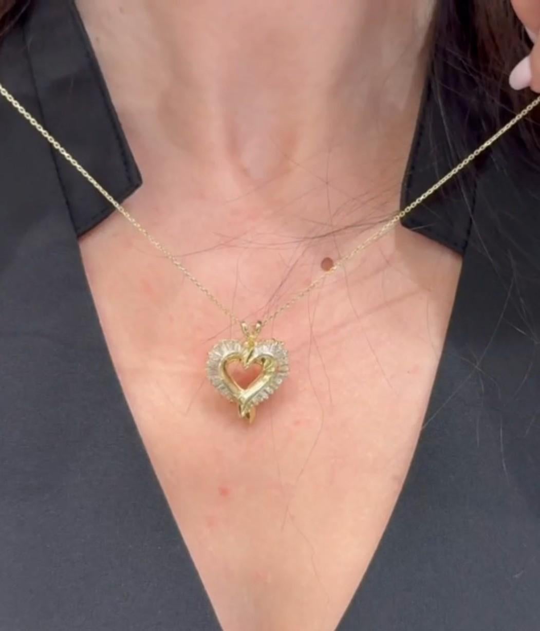 14K Yellow Gold 1.5 Carat Baguette Diamond Heart Pendant Necklace For Sale 2