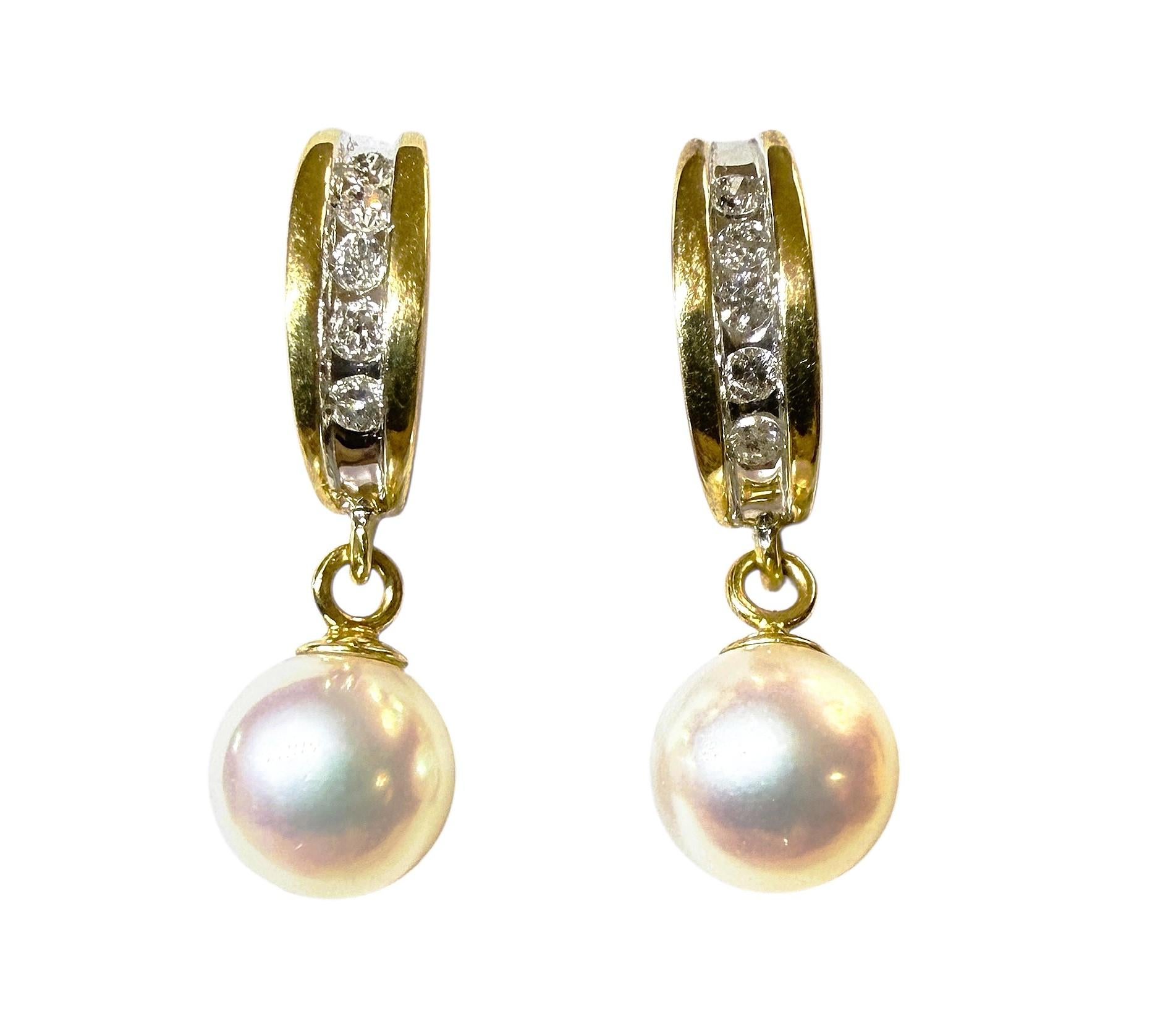Boucles d'oreilles demi-cercle en or jaune 14K avec diamants et perles d'eau douce de 0,15 carat Pour femmes en vente