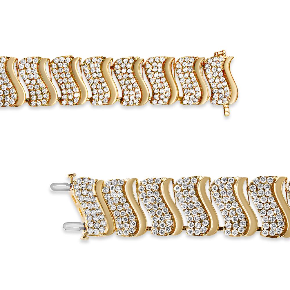 Round Cut 14K Yellow Gold 15.0 Carat Diamond Chevron Wave Link Bracelet For Sale