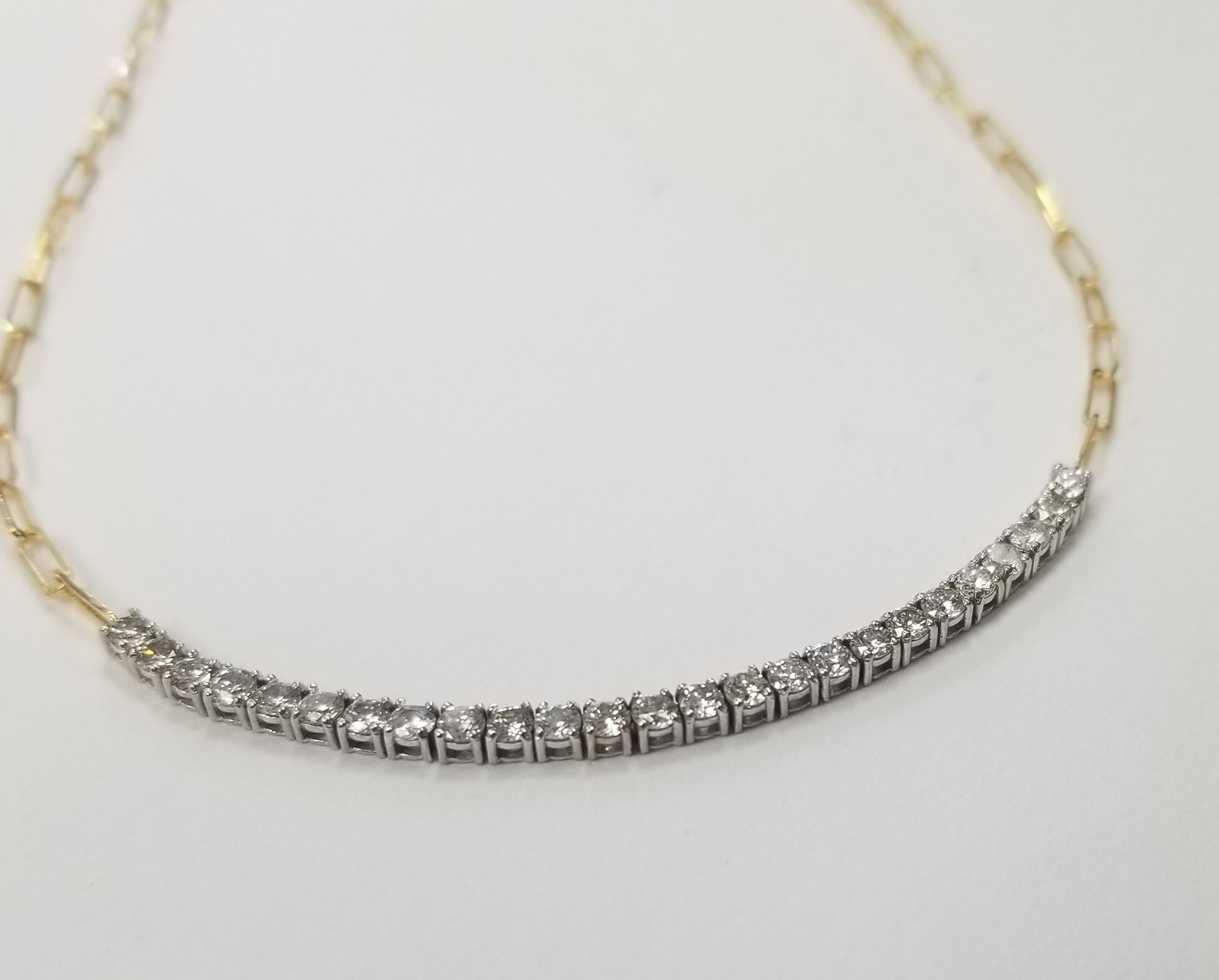 Specifications:
    main stone:ROUND DIAMONDS
    diamonds: 25 PC
    carat total weight: 1.50 CT
    color: G
    clarity:VS2-SI1
    brand:CUSTOM MADE
    metal:14K YELLOW gold
    type: Necklace
    weight: 4.8 gr
    LENGTH:18 INCH 
   