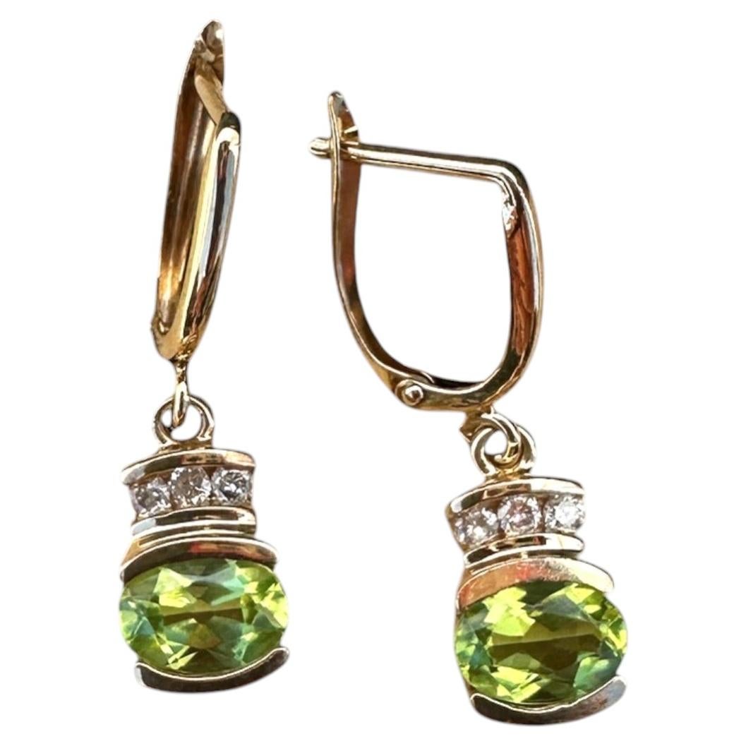 14K Yellow Gold 1.50ct Peridot and 1/4ct Diamond Leverback Dangle Earrings