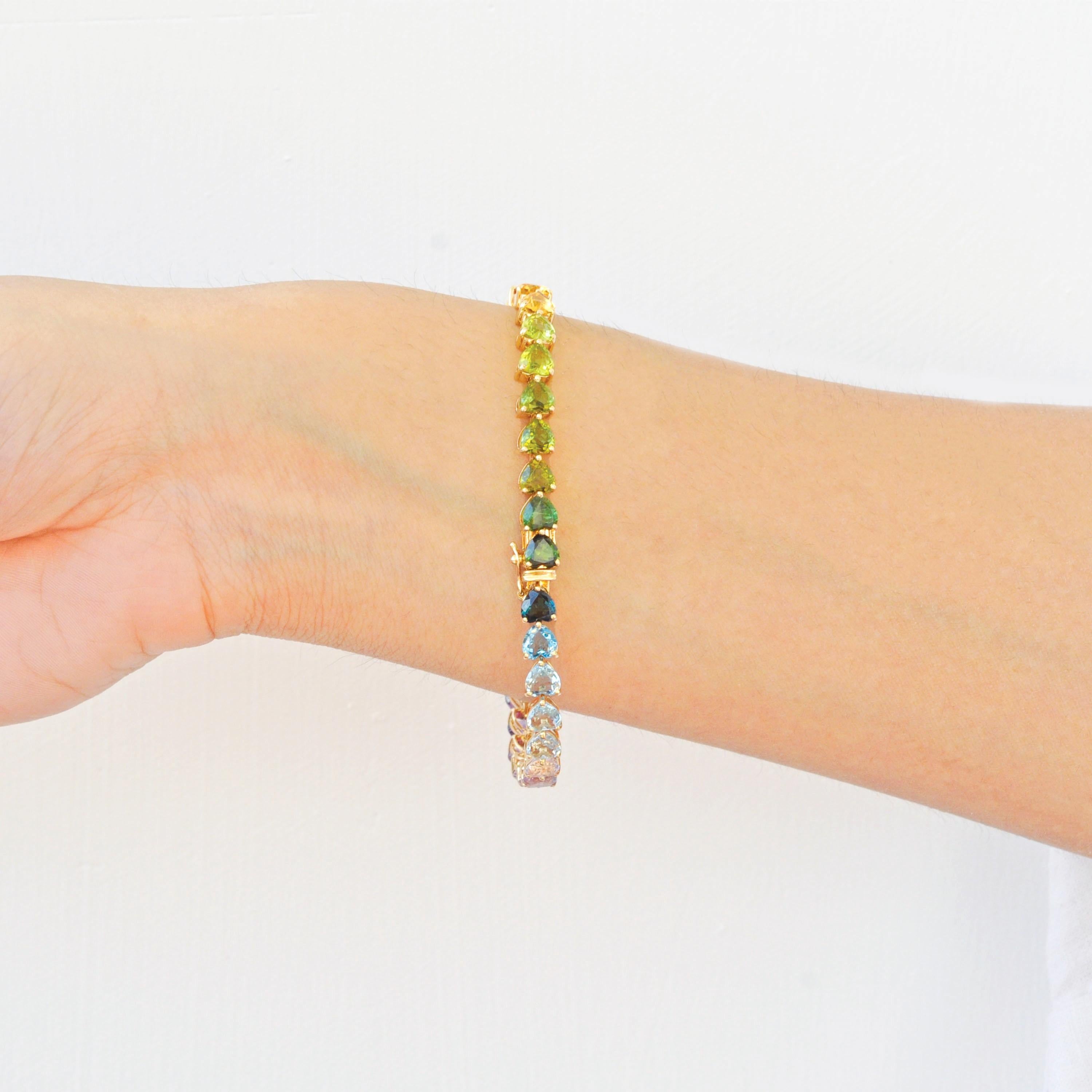 14K Gelbgold 15,30 Karat 5 MM Herz Regenbogen Edelsteine Tennis Gliederarmband im Angebot 8