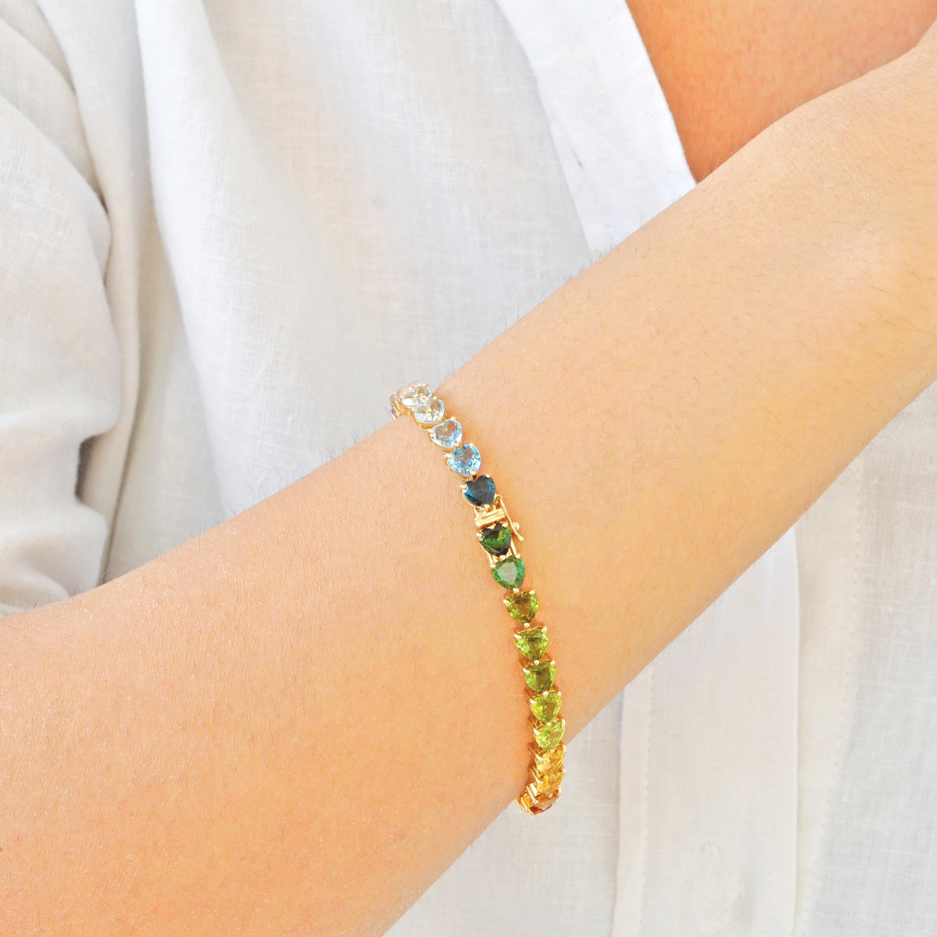 14K Gelbgold 15,30 Karat 5 MM Herz Regenbogen Edelsteine Tennis Gliederarmband im Angebot 9