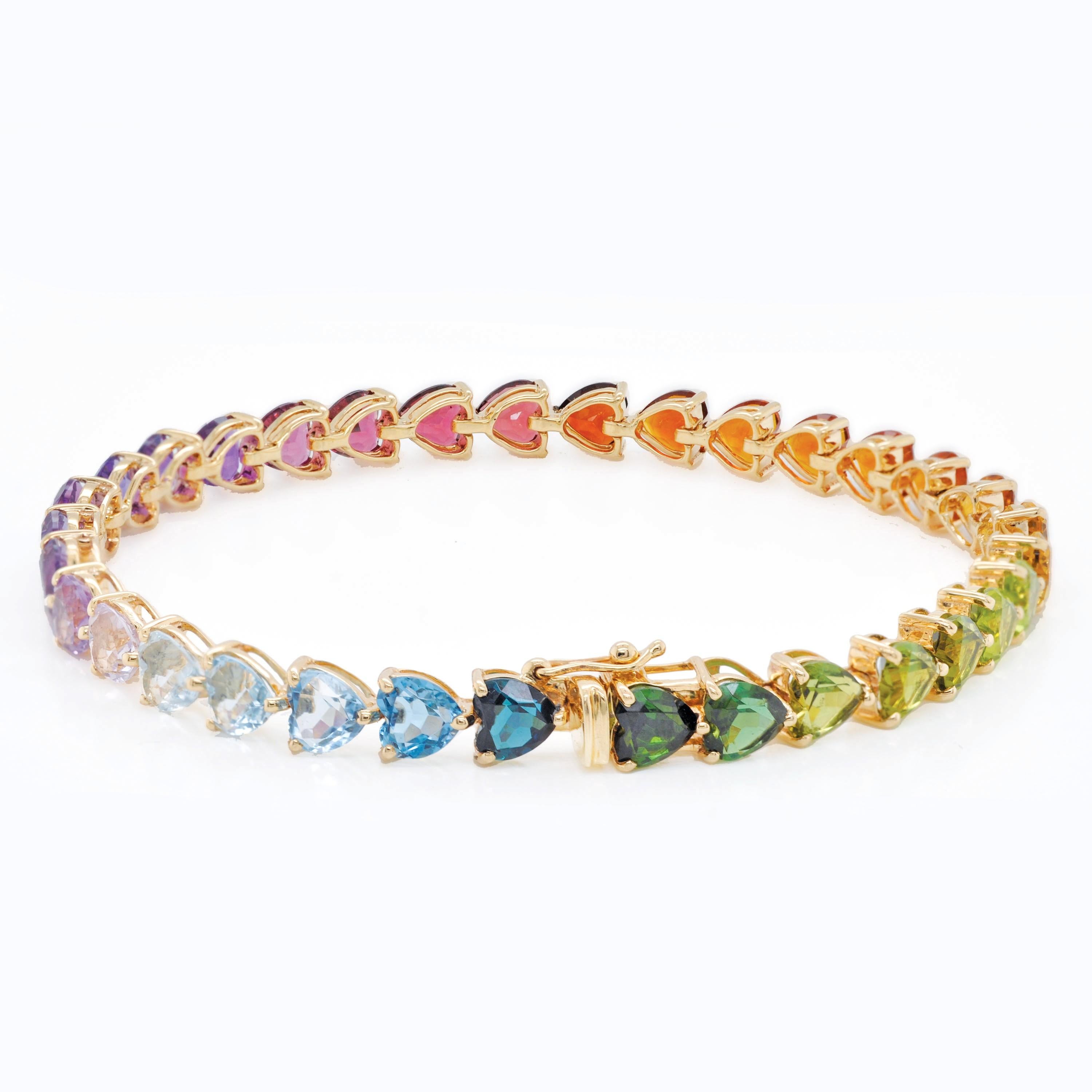 14K Gelbgold 15,30 Karat 5 MM Herz Regenbogen Edelsteine Tennis Gliederarmband im Zustand „Neu“ im Angebot in Jaipur, Rajasthan