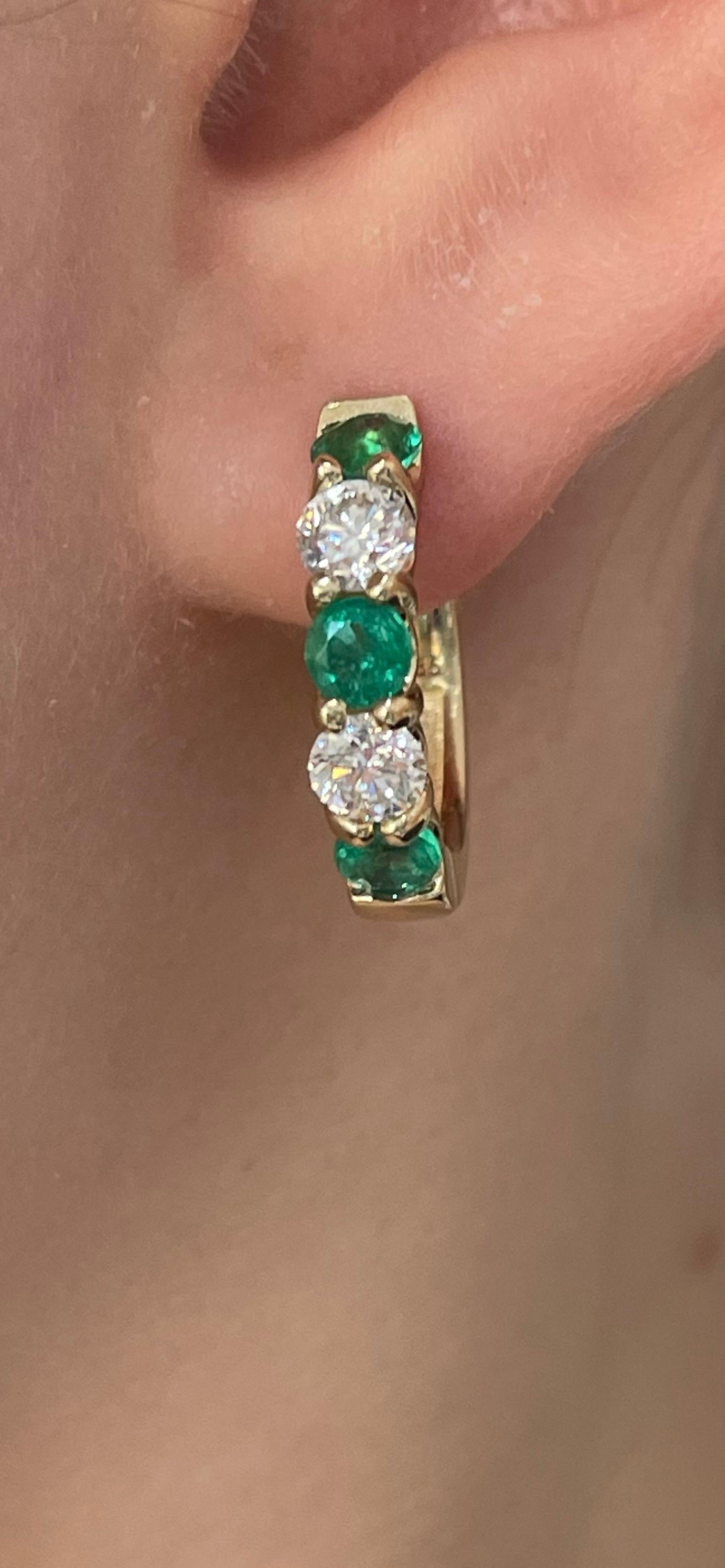 Women's 14K Yellow Gold 1.54 CTW Emerald and 1.20 CTW Diamond Hoop Earrings For Sale