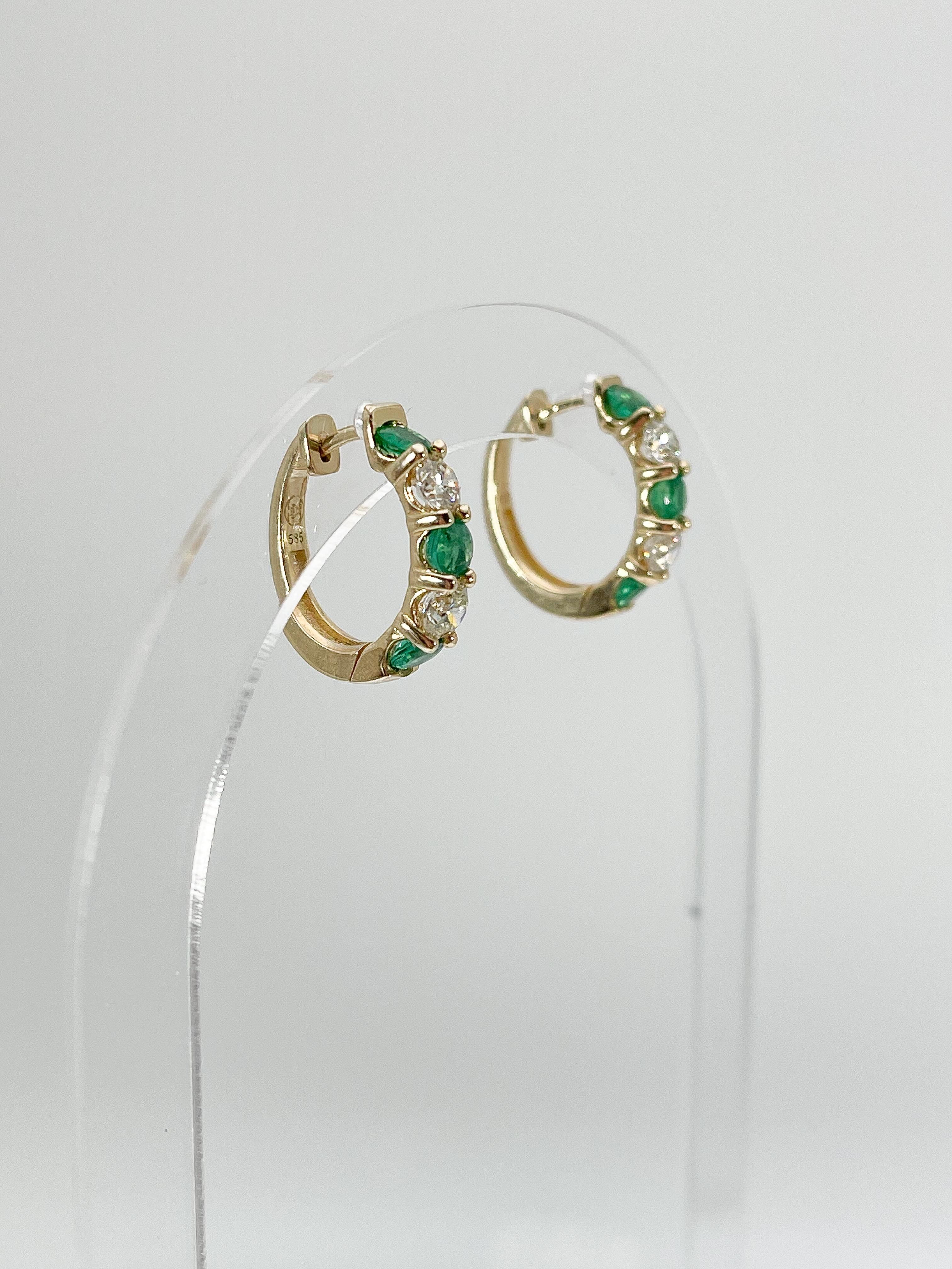 Round Cut 14K Yellow Gold 1.54 CTW Emerald and 1.20 CTW Diamond Hoop Earrings For Sale