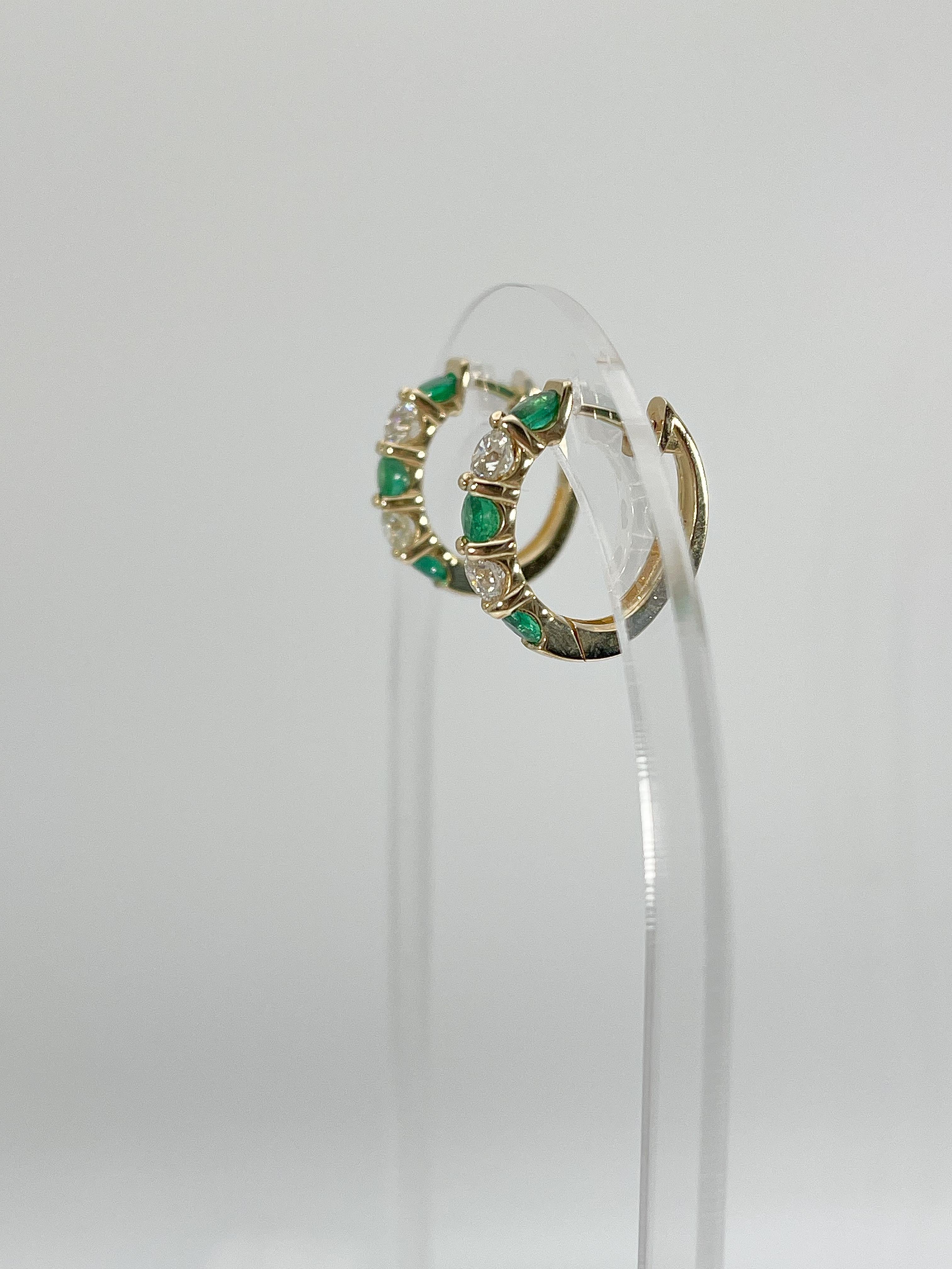 14K Yellow Gold 1.54 CTW Emerald and 1.20 CTW Diamond Hoop Earrings In New Condition For Sale In Stuart, FL
