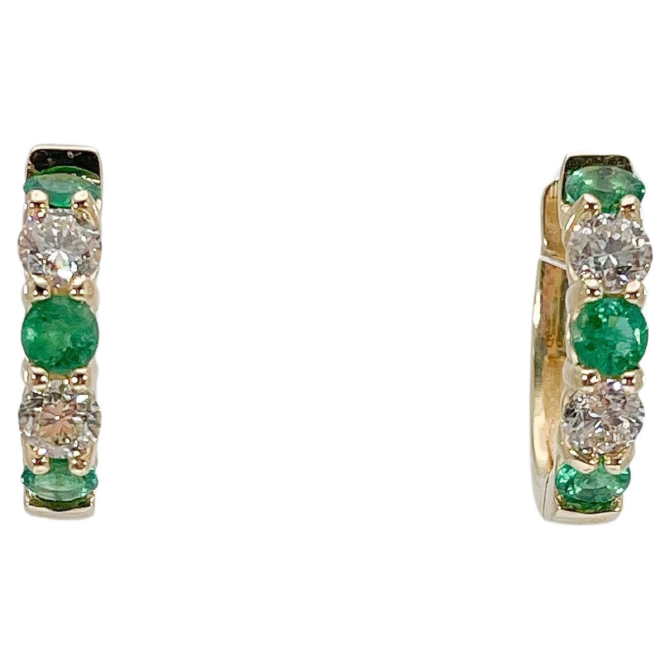 14K Yellow Gold 1.54 CTW Emerald and 1.20 CTW Diamond Hoop Earrings For Sale