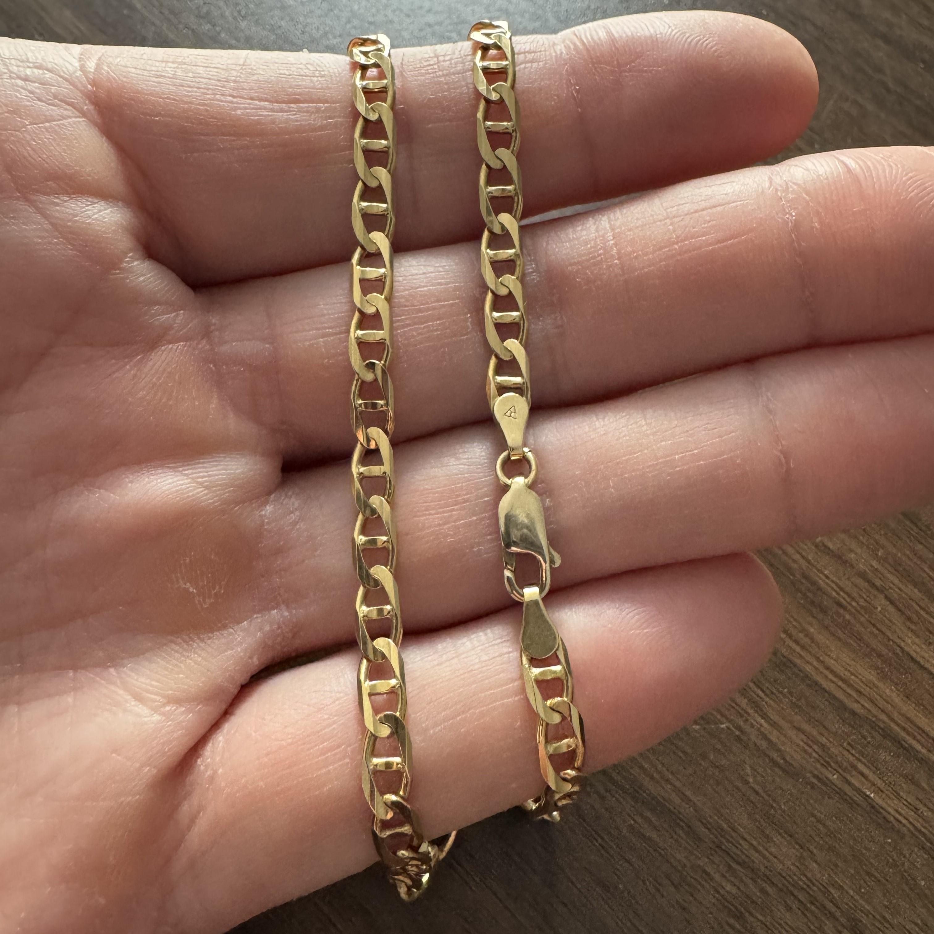 Condition:  Excellent Condition, Professionally Cleaned and Polished
Metal:  14k Gold (Marked, and Professionally Tested)
Weight:  15.4g
Length:  20 Inches
Width:   4.5mm
Closure:  Lobster Claw
Markings:  