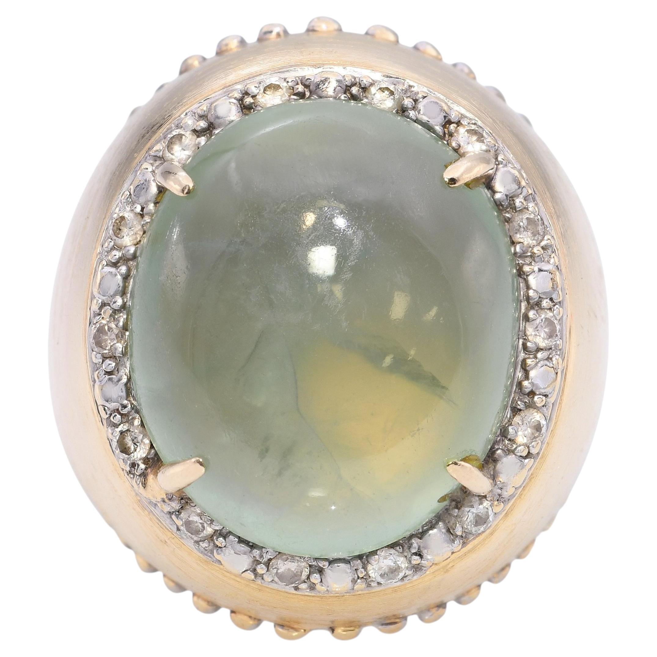 14k Yellow Gold 15.50ct Prehnite and Diamond Dome Ring For Sale