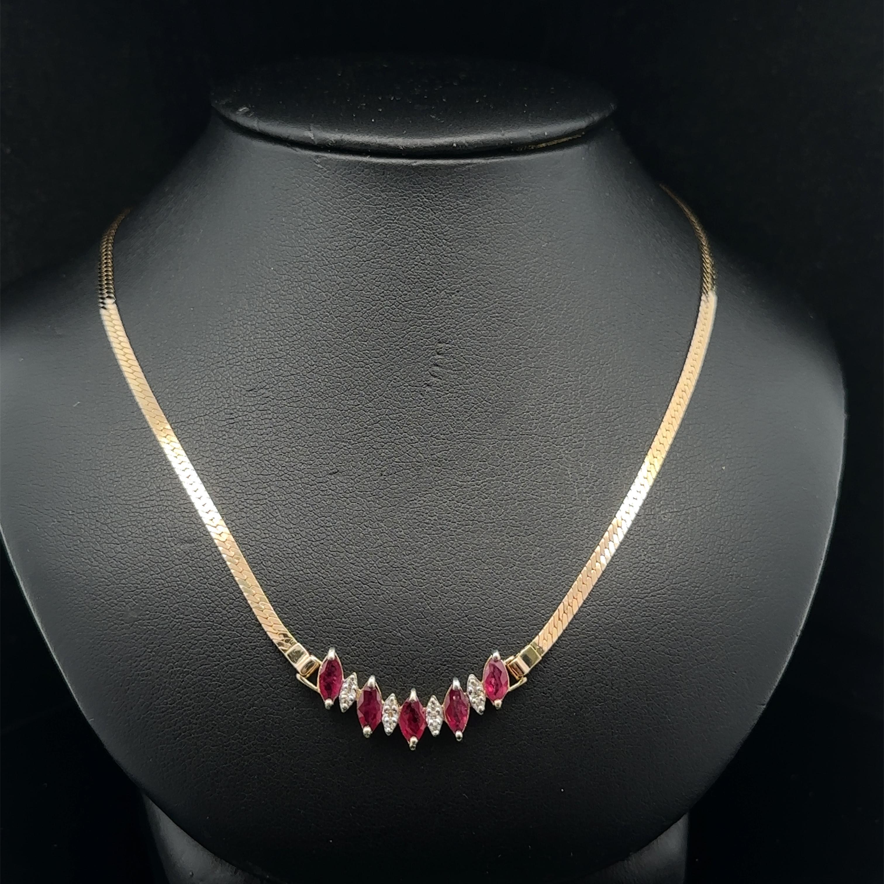 14k Yellow Gold 1.56ctw Ruby & Diamond V Chevron Herringbone Link Chain Necklace In Excellent Condition For Sale In Montclair, NJ