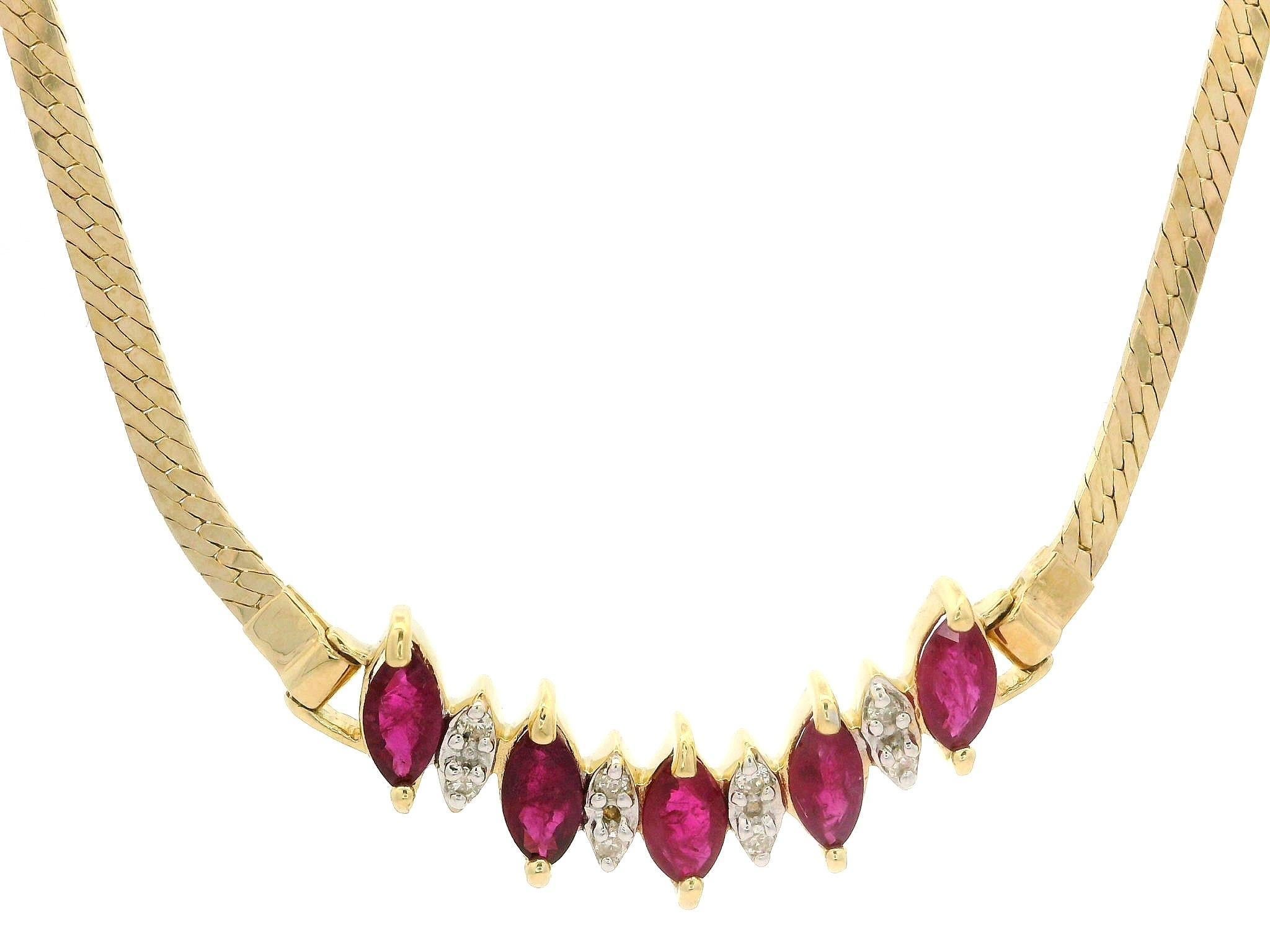 Women's 14k Yellow Gold 1.56ctw Ruby & Diamond V Chevron Herringbone Link Chain Necklace For Sale