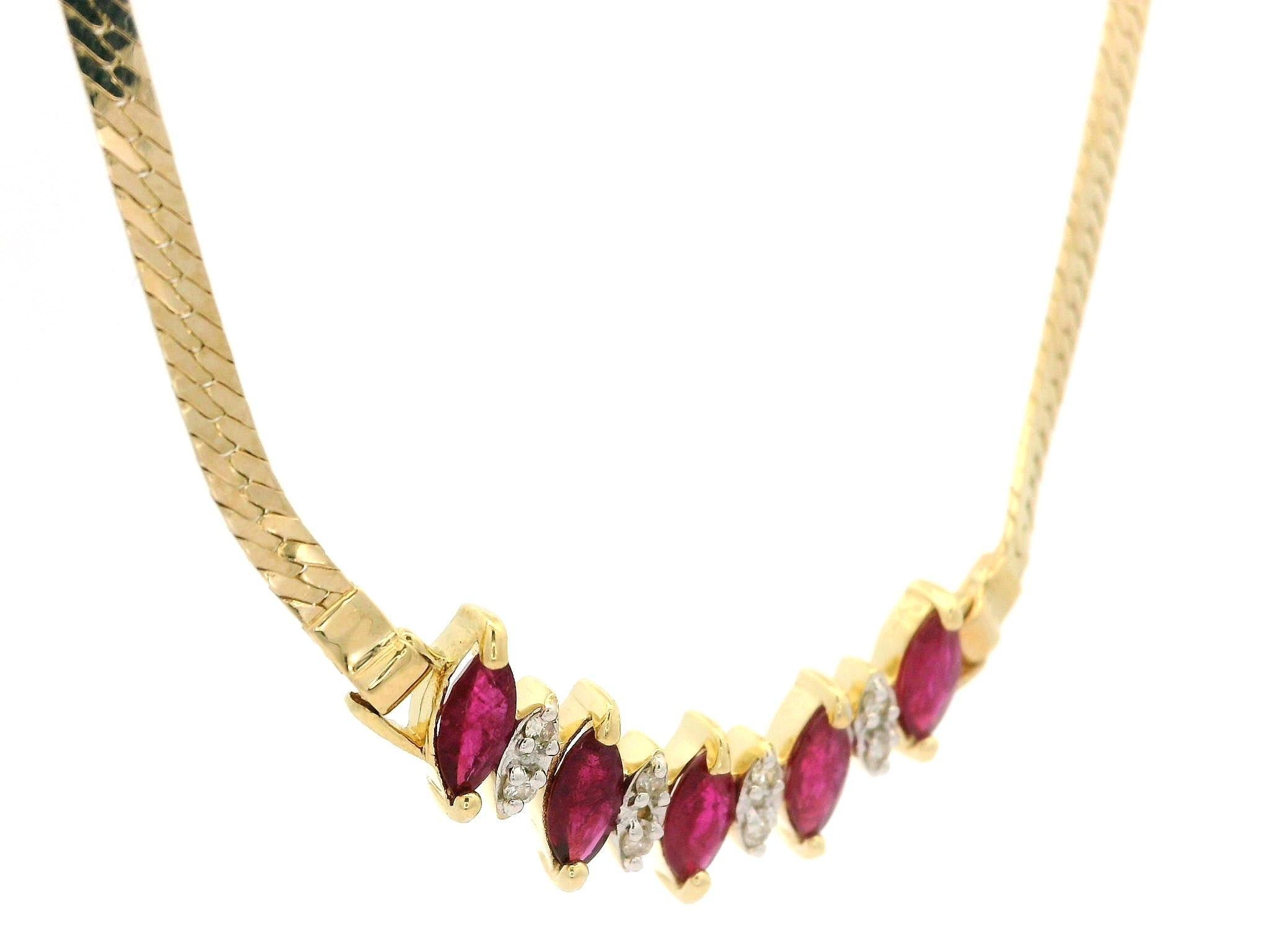 14k Yellow Gold 1.56ctw Ruby & Diamond V Chevron Herringbone Link Chain Necklace For Sale 1