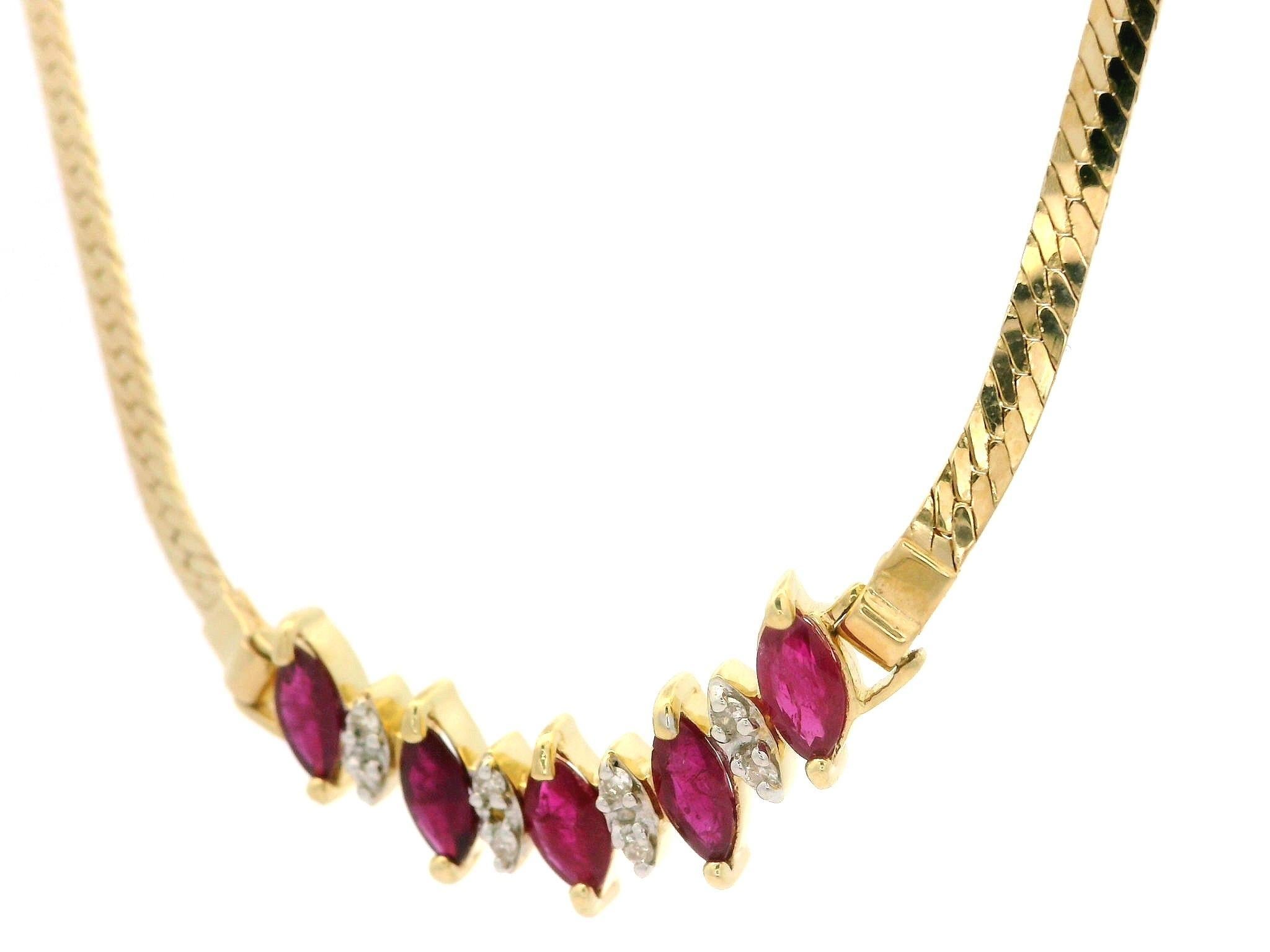 14k Yellow Gold 1.56ctw Ruby & Diamond V Chevron Herringbone Link Chain Necklace For Sale 2