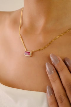 14K Yellow Gold 1.58Ct Octagon Cut Natural Ruby & Diamond Halo Pendant Necklace