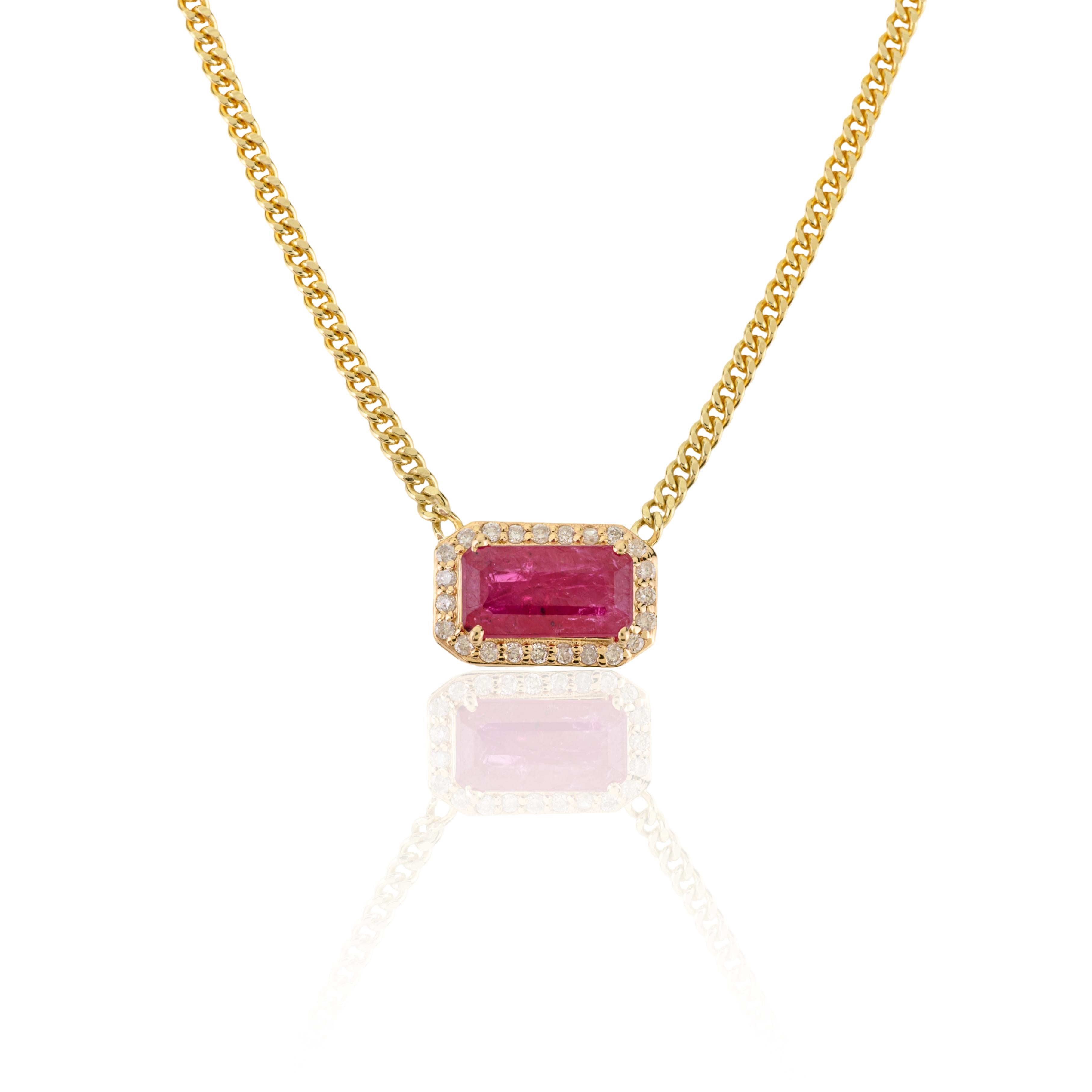 Moderne Collier pendentif halo en or jaune 14K de 1,58 ct de rubis naturel taillé en octogone et de diamants en vente