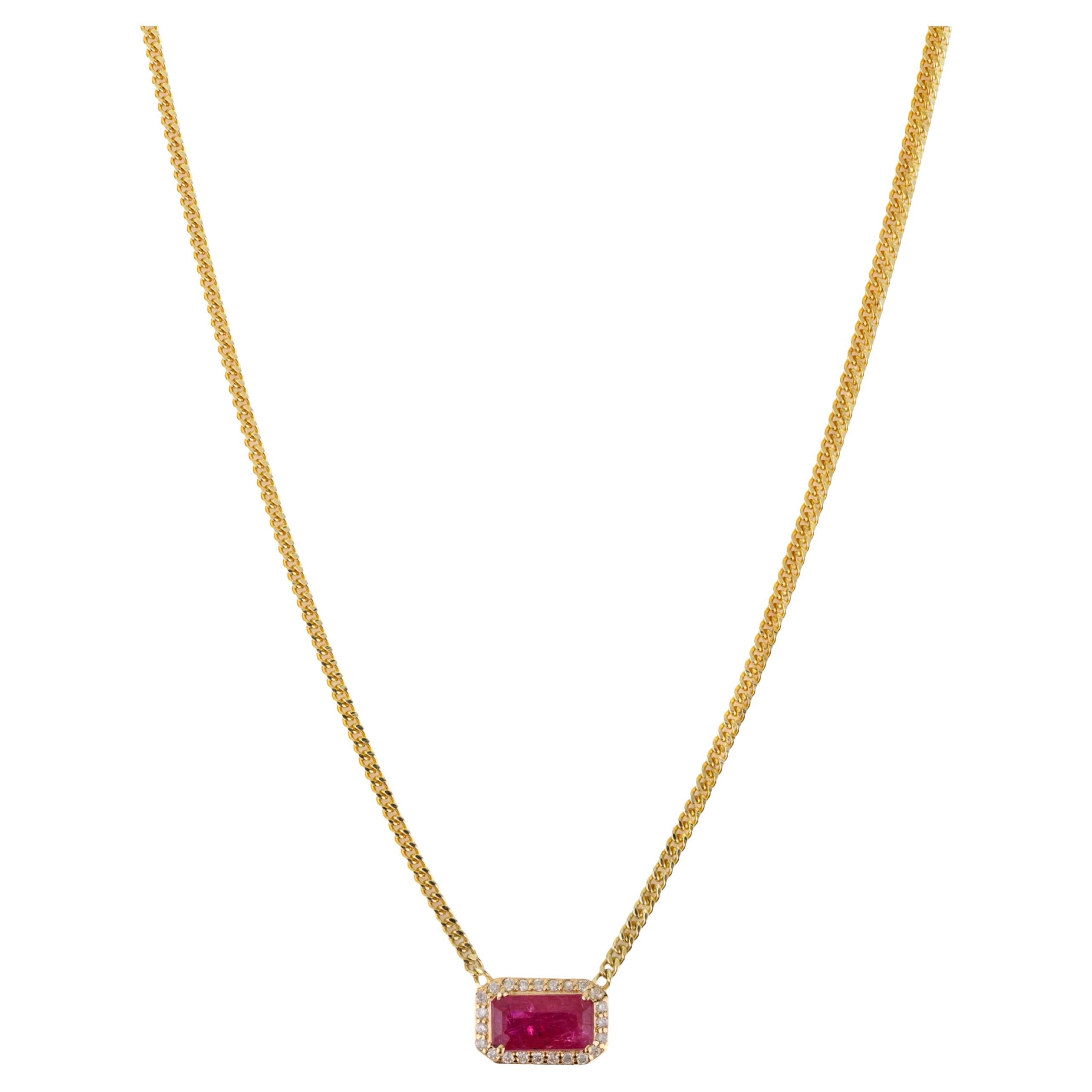 Collier pendentif halo en or jaune 14K de 1,58 ct de rubis naturel taillé en octogone et de diamants
