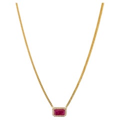 14K Yellow Gold 1.58Ct Octagon Cut Natural Ruby & Diamond Halo Pendant Necklace