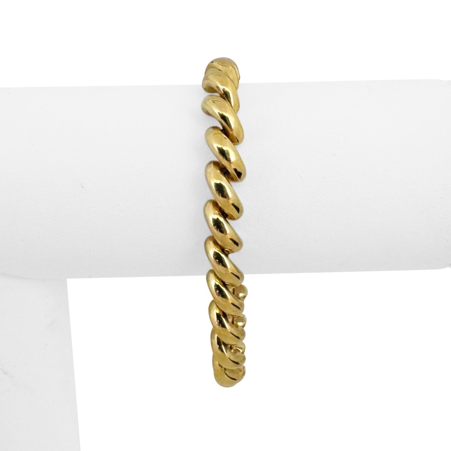 Zustand:  Ausgezeichneter Condit, Professionell gereinigt und poliert
Metall: 14k Gold (markiert und professionell getestet)
Gewicht: 15,9 g
Länge: 7 Zoll
Breite: 7,5 mm
Verschluss: Box Tab Insert mit Sicherheitsverriegelung
Markierungen: 