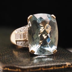 14K Yellow Gold 15ct Checkerboard Aquamarine and Diamond Baguette Diamond Ring