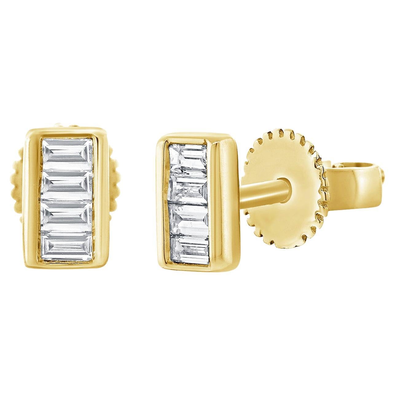 14K Yellow Gold .15ct Diamond Baguette Stud Earrings for Her For Sale