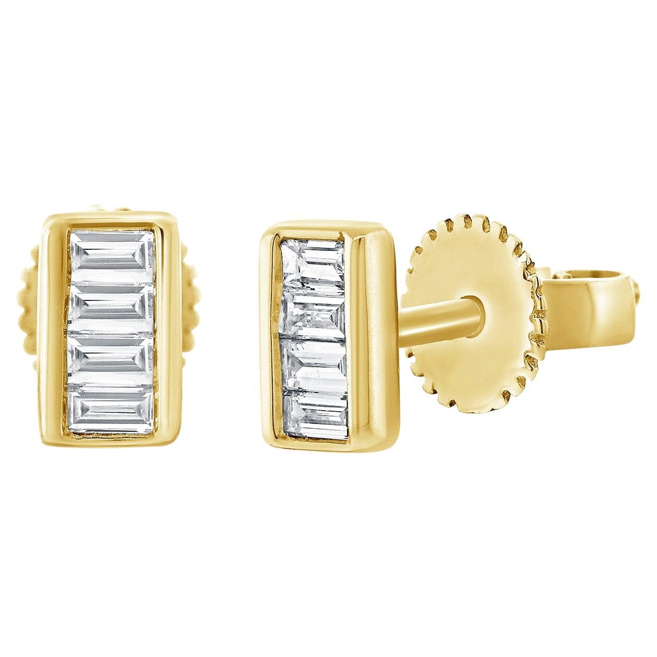 Clous d'oreilles en or jaune 14 carats avec diamants baguettes de 0,15 carat pour elle