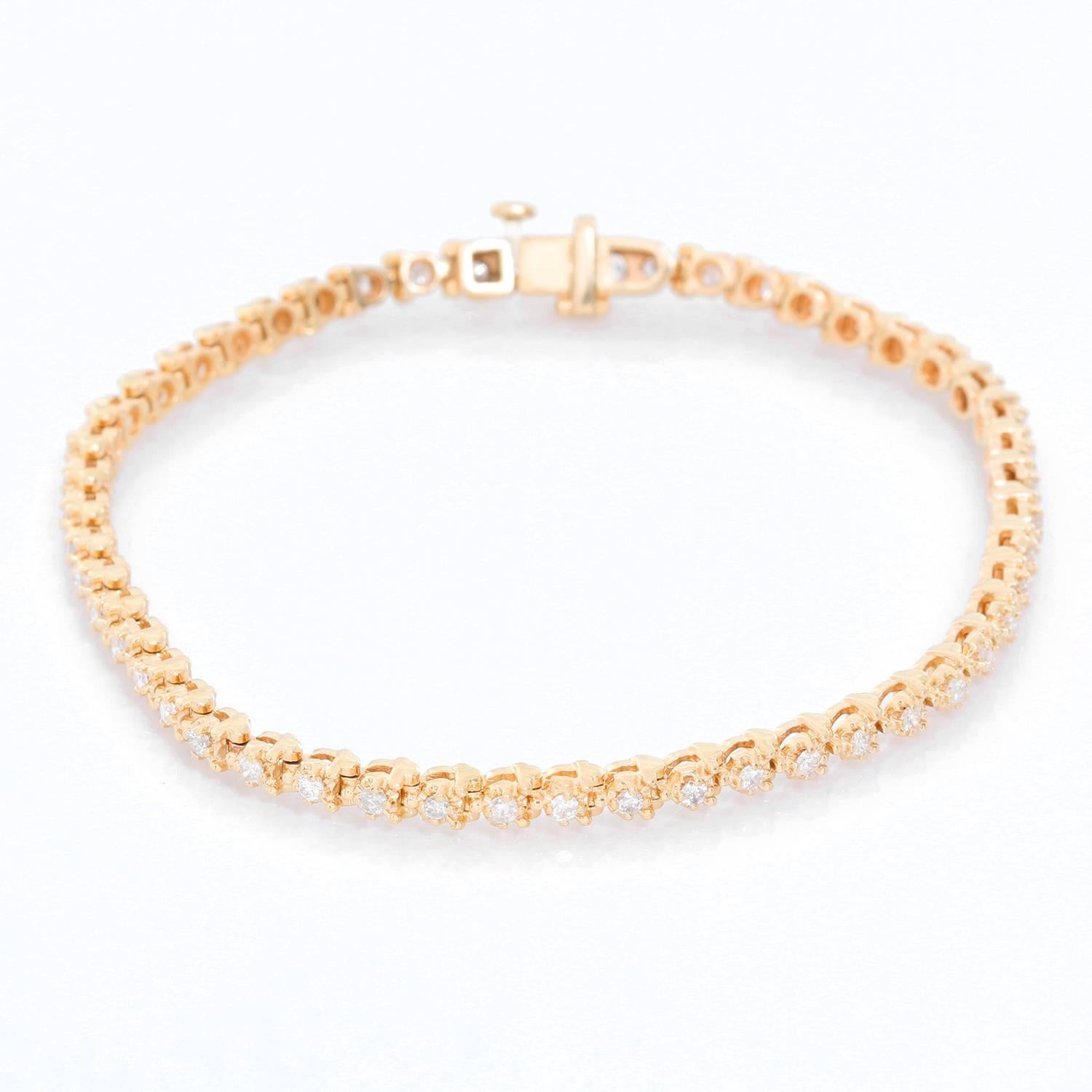 14k Yellow Gold 1.5ct. Diamond Tennis Bracelet Size 6 3/4 - . This stunning tennis bracelet features 1.5 carats of SI2-SI3 clarity and HI-color diamonds set in 14k yellow gold. Bracelet measures apx. 6 3/4 inches in length. Total weight is 9.4 grams.