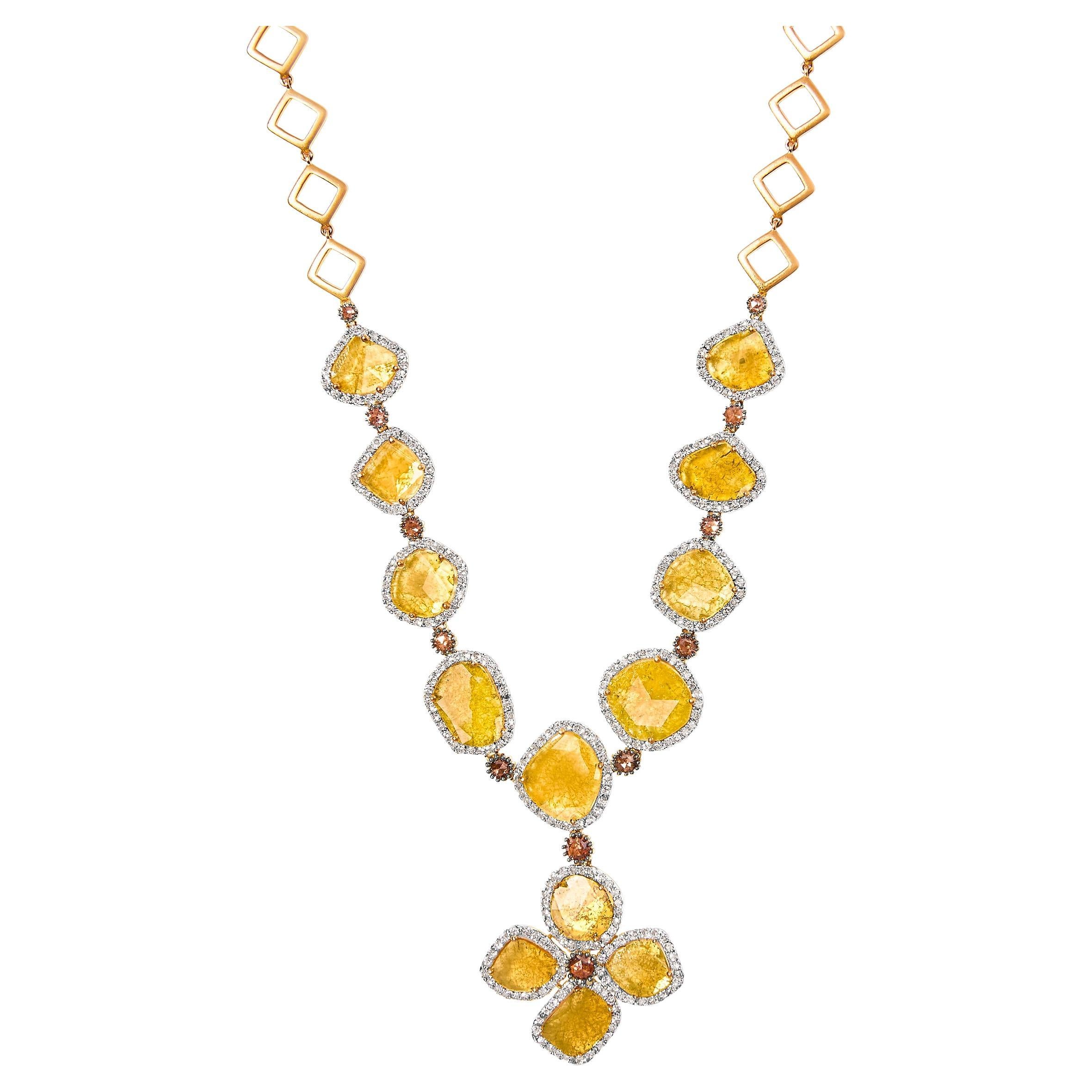 14K Yellow Gold 16 7/8 Carat Diamond Collar Necklace with 4 Leaf Clover Drop