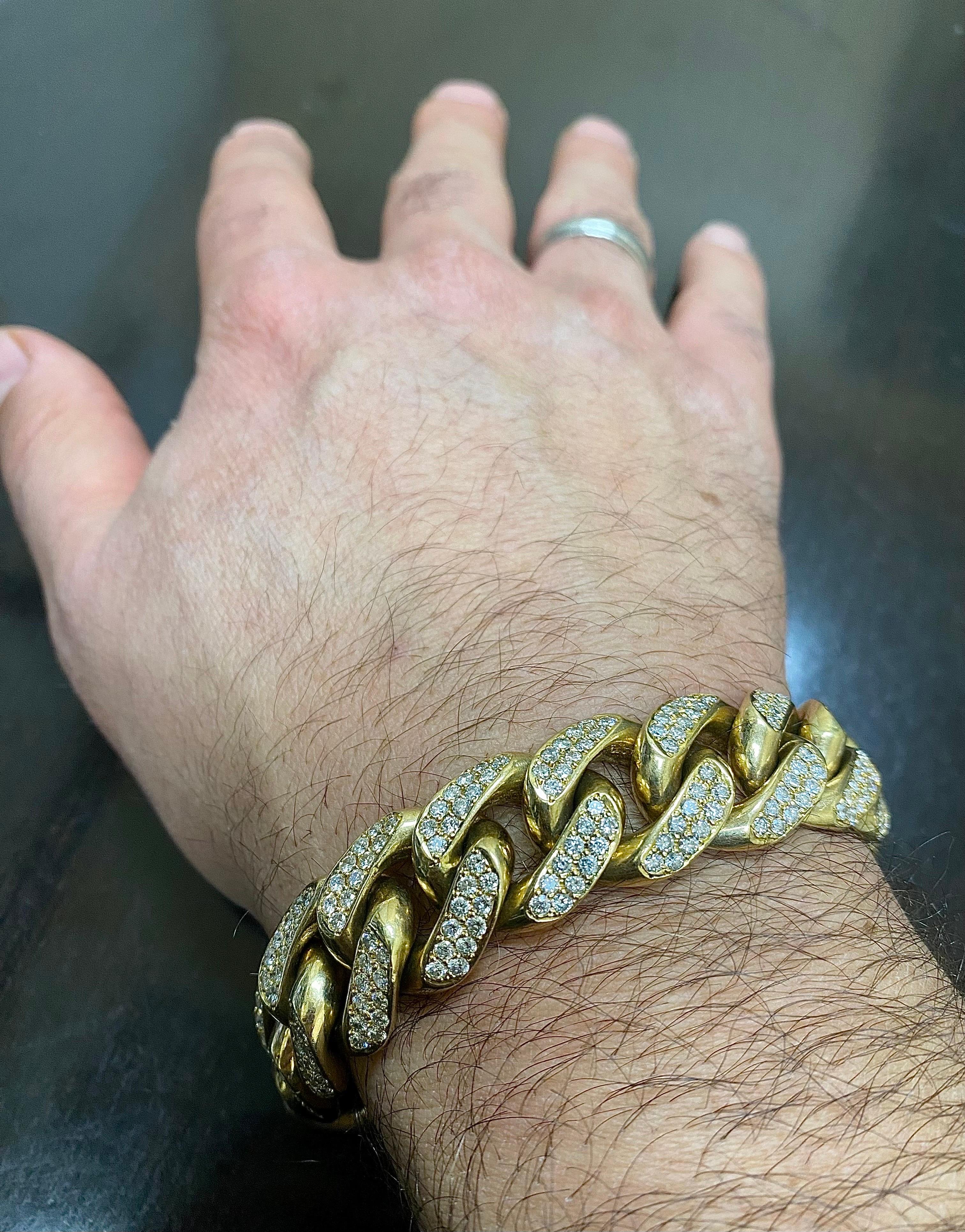 Bracelet en or jaune 14K 160 Grammes Miami Cuban 9.24 Carat Diamond en vente 2