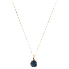14K Yellow Gold 1.61 Carat Round Modified Brilliant Blue Sapphire Pendant Neckla