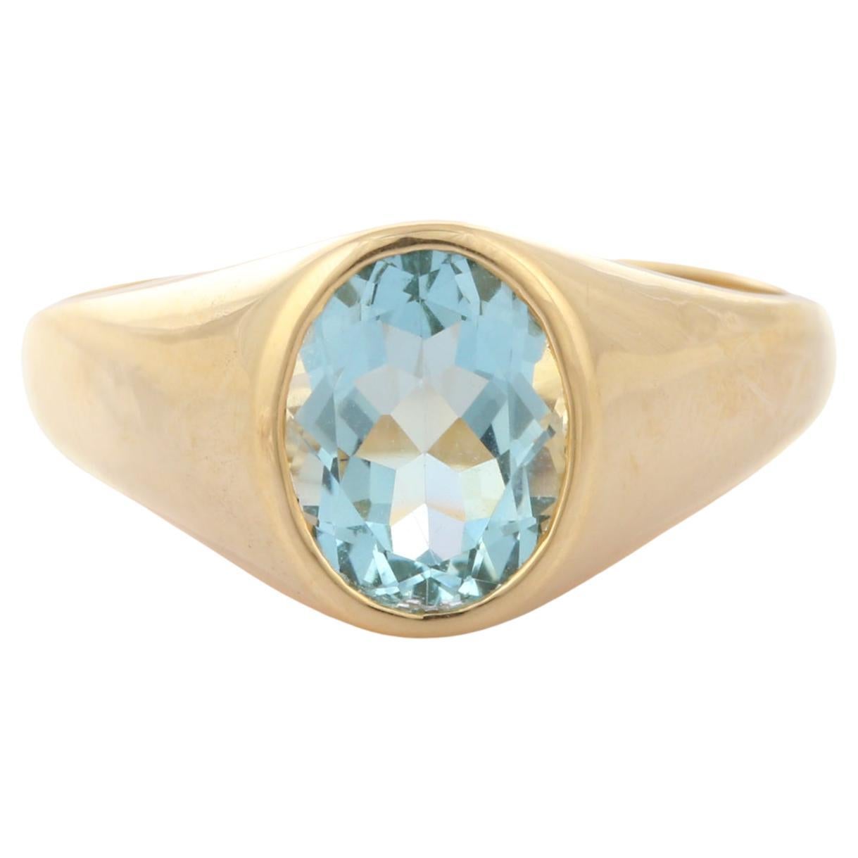For Sale:  14K Yellow Gold 1.62 Carat Oval Cut Aquamarine Engagement Ring