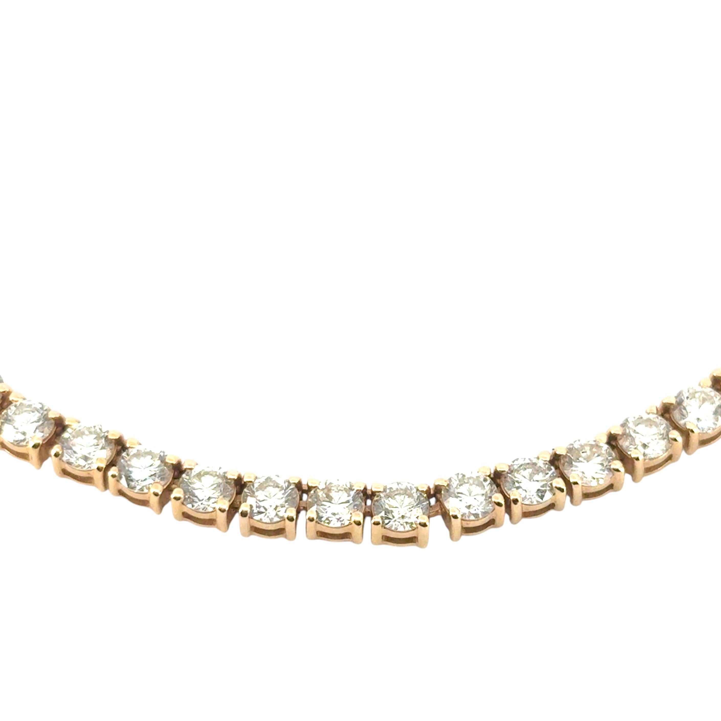 14k Yellow Gold 16.36ctw Natural Round Brilliant Diamond 4 Prong Tennis Necklace In Excellent Condition For Sale In Boca Raton, FL