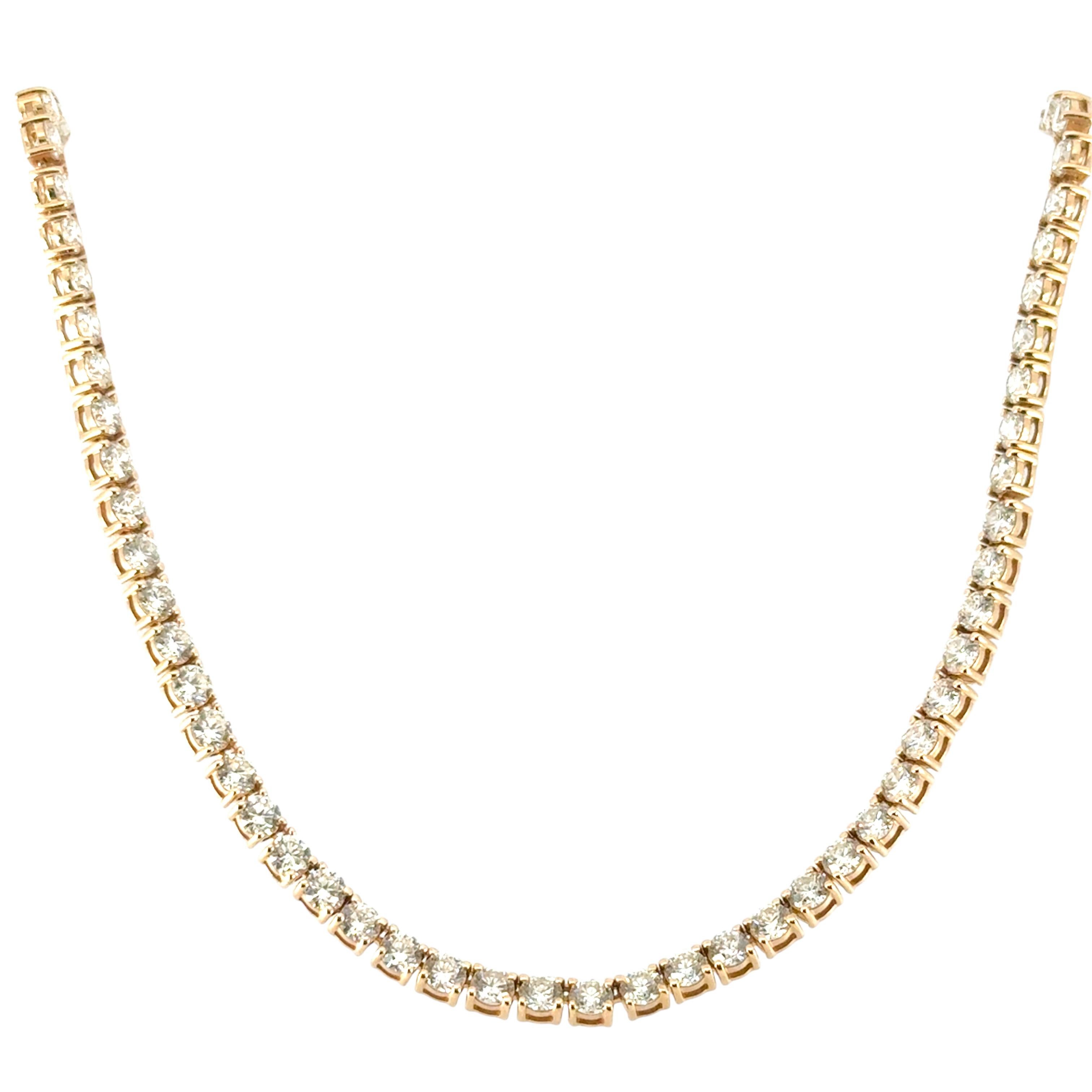 Women's or Men's 14k Yellow Gold 16.36ctw Natural Round Brilliant Diamond 4 Prong Tennis Necklace For Sale