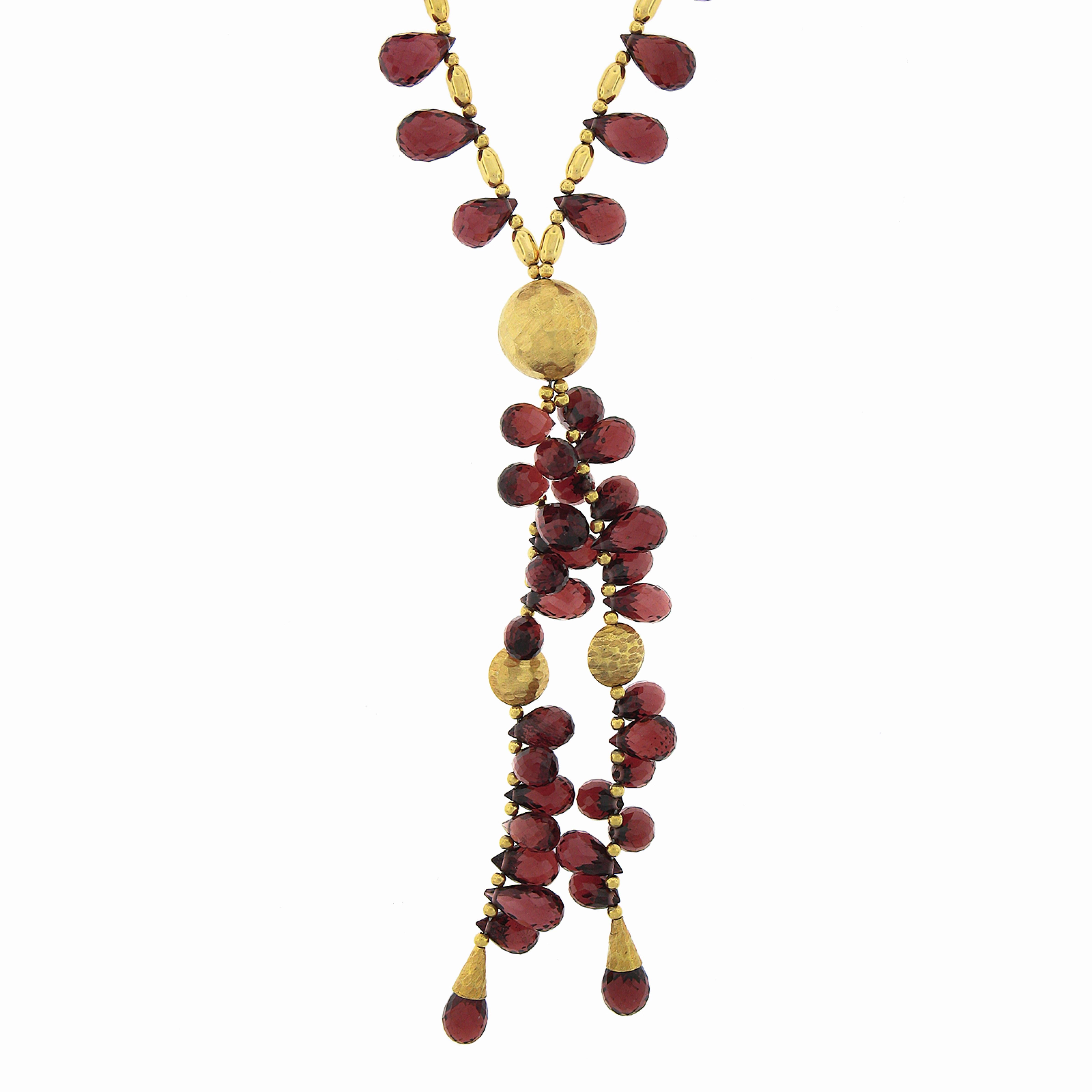 Women's 14k Yellow Gold Briolette Cut Tear Drop Garnet & Hammered Bead Necklace For Sale