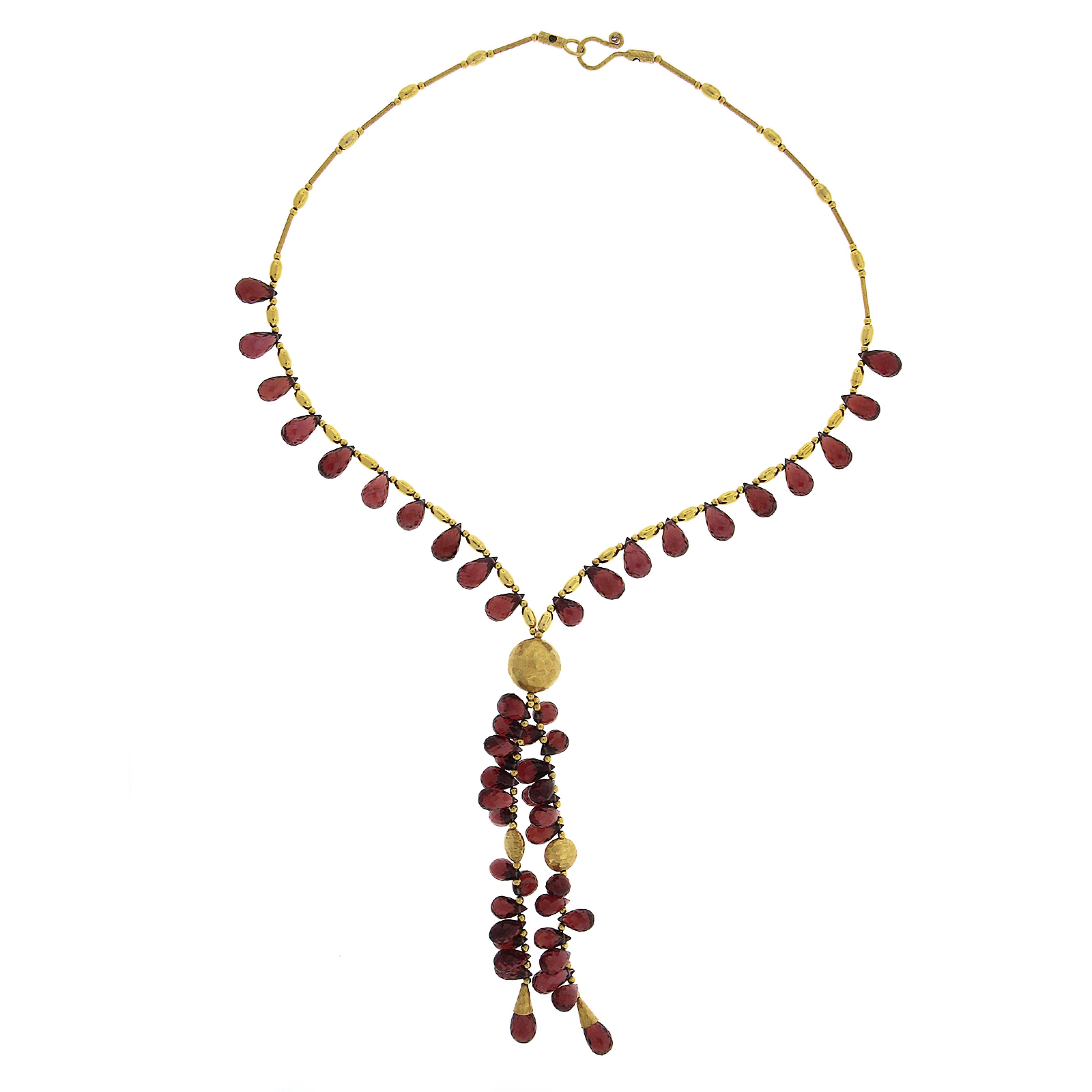 14k Yellow Gold Briolette Cut Tear Drop Garnet & Hammered Bead Necklace For Sale 3