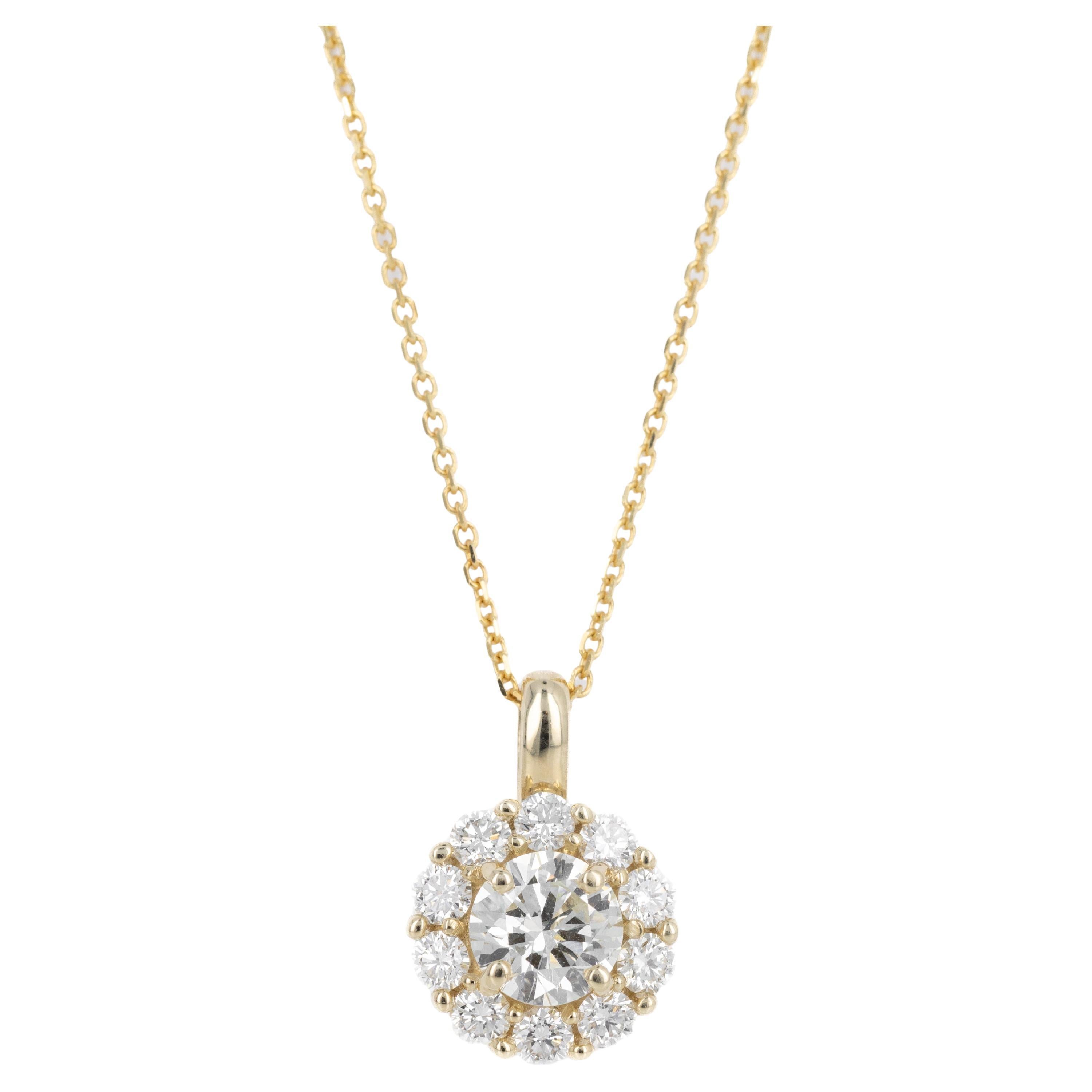 14K Yellow Gold 1.65 Carat Round Diamond Halo Pendant Necklace