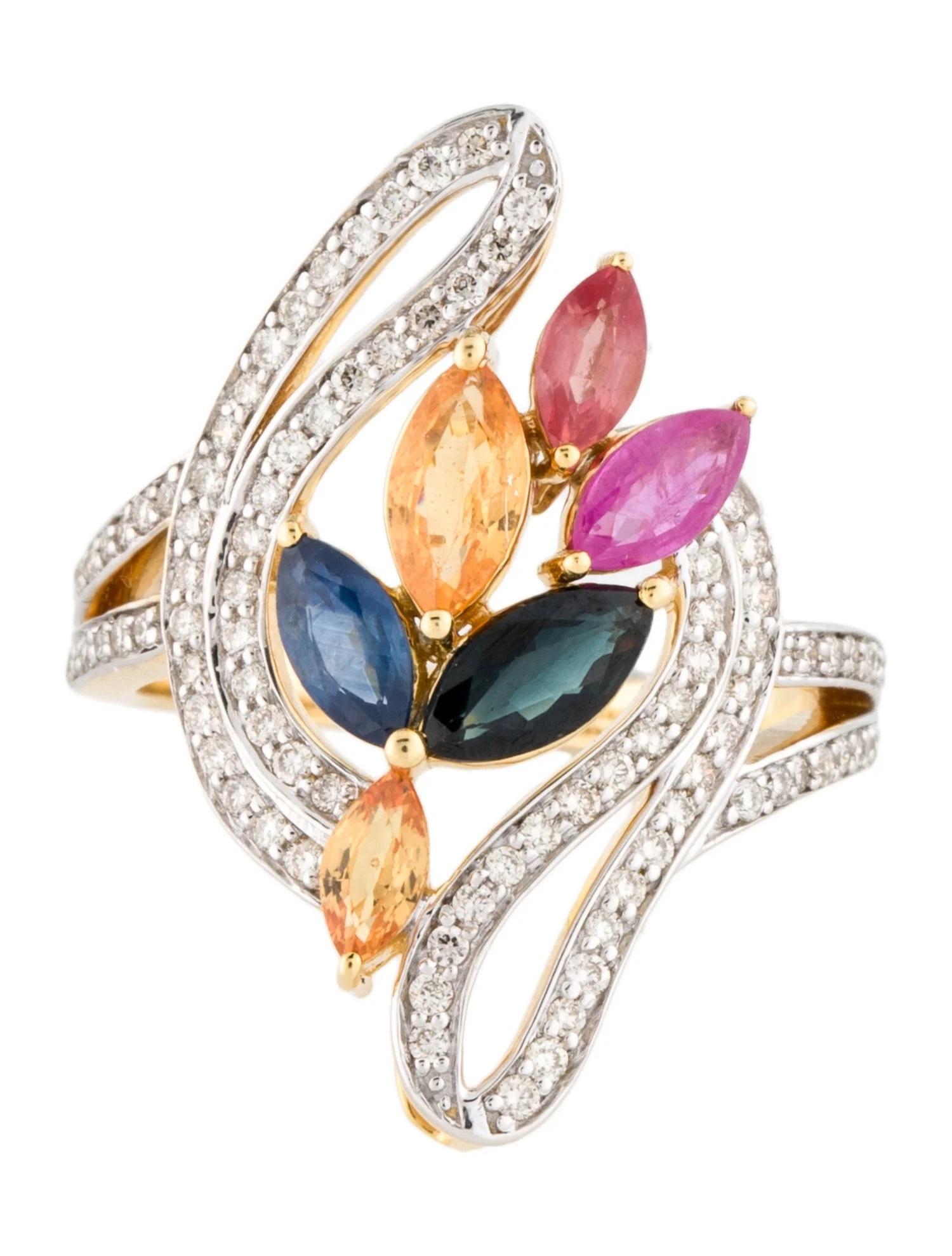 14K Gelbgold 1,66 Karatw Multi-Color Saphir & Diamant Cocktail-Ring, Größe 7 (Künstler*in) im Angebot