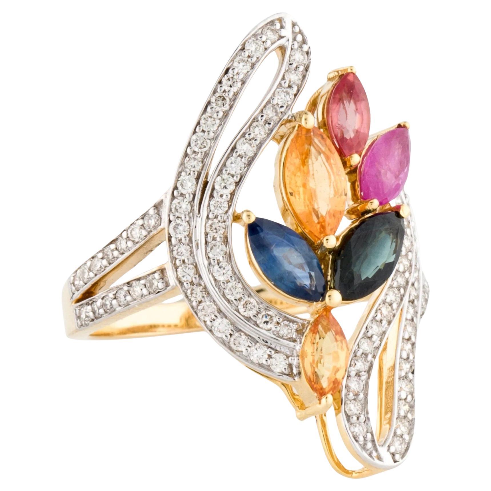 14K Yellow Gold 1.66ctw Multi-Color Sapphire & Diamond Cocktail Ring, Size 7