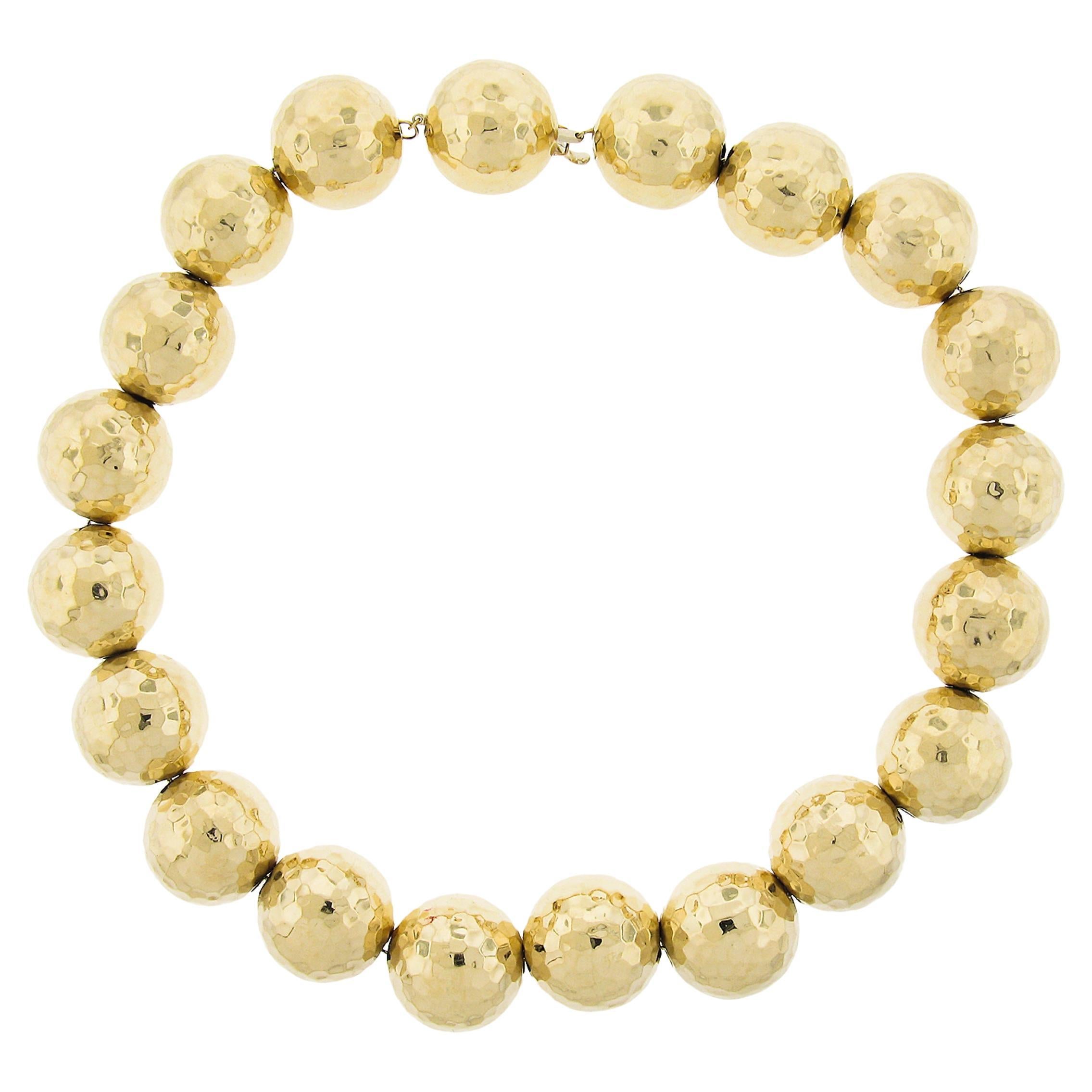 14k Yellow Gold 17" 21.5mm Hammered Polished Finish Ball Bead Statement Necklace For Sale