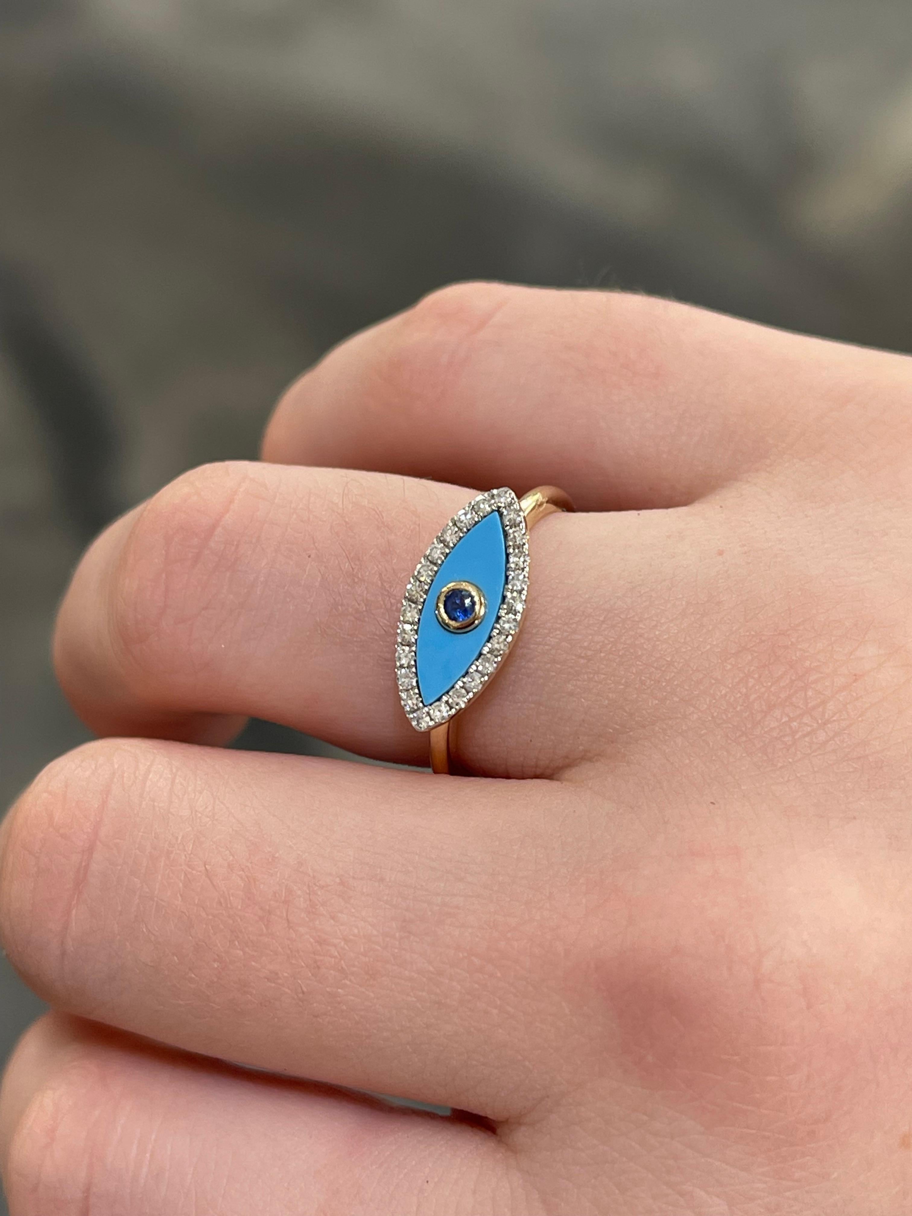 Women's 14K Yellow Gold .17 CTW Dia/ .23 CTW Turq/ .04 CTW Sap Evil Eye Ring For Sale