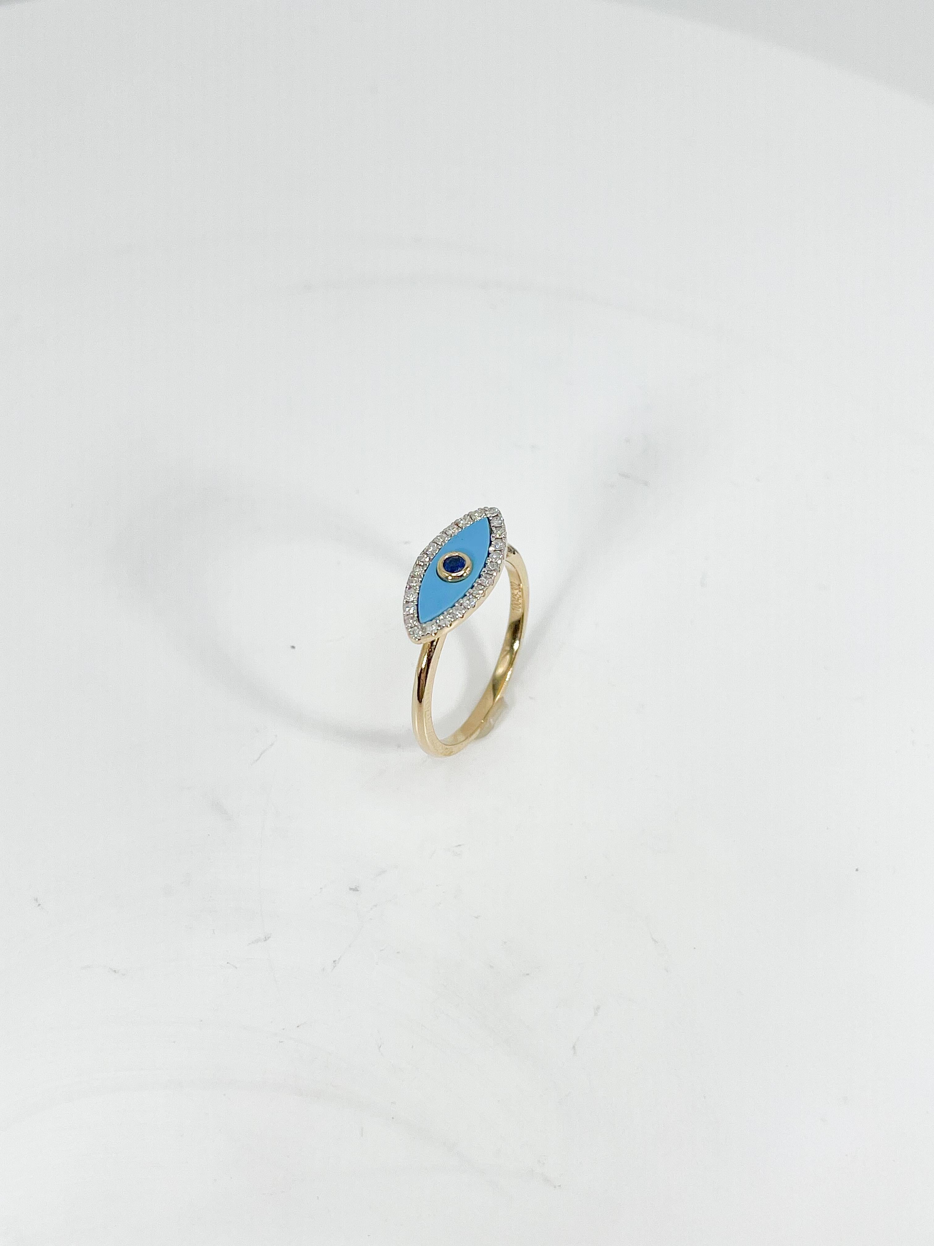 Marquise Cut 14K Yellow Gold .17 CTW Dia/ .23 CTW Turq/ .04 CTW Sap Evil Eye Ring For Sale