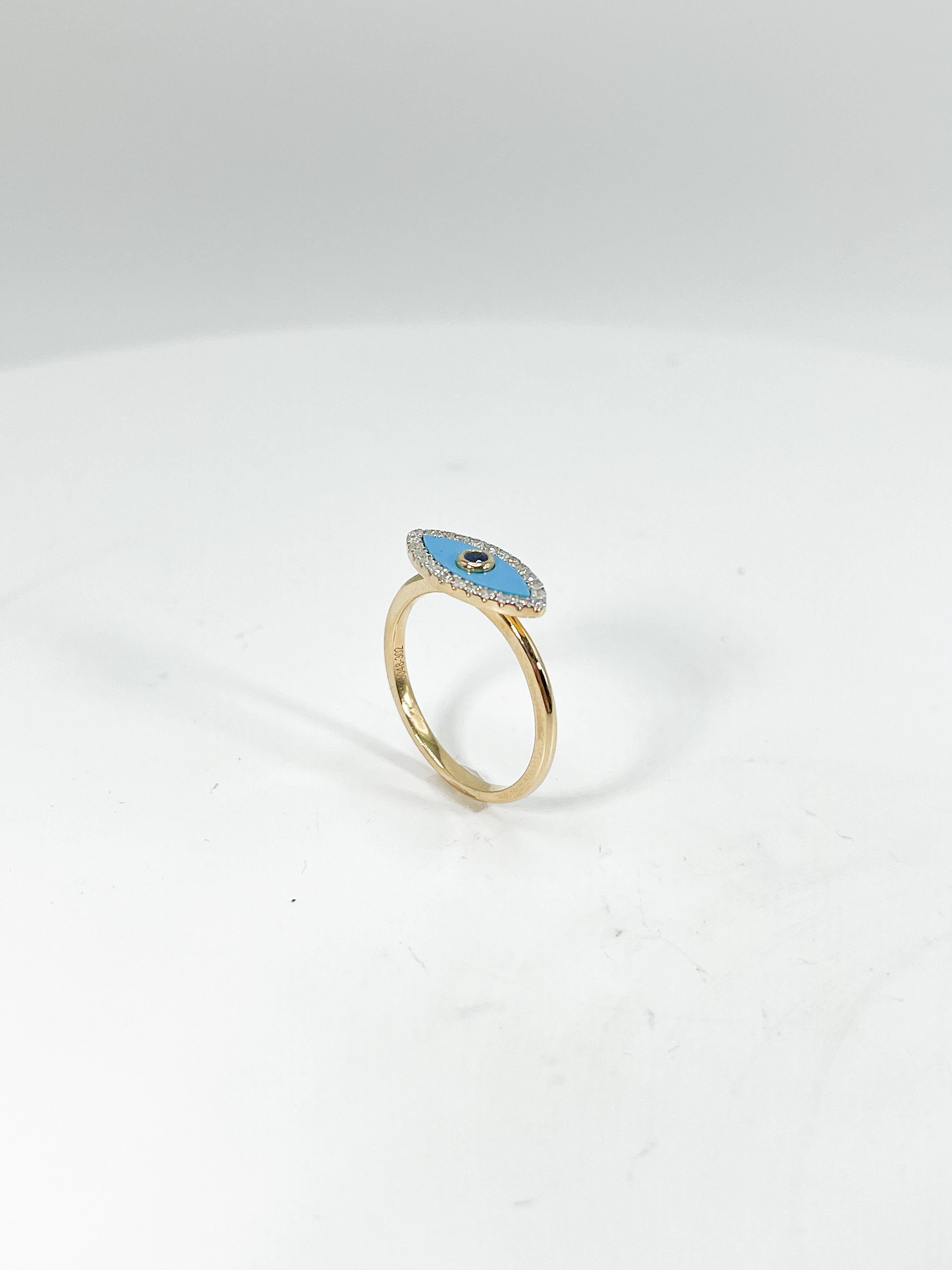 14K Yellow Gold .17 CTW Dia/ .23 CTW Turq/ .04 CTW Sap Evil Eye Ring In New Condition For Sale In Stuart, FL