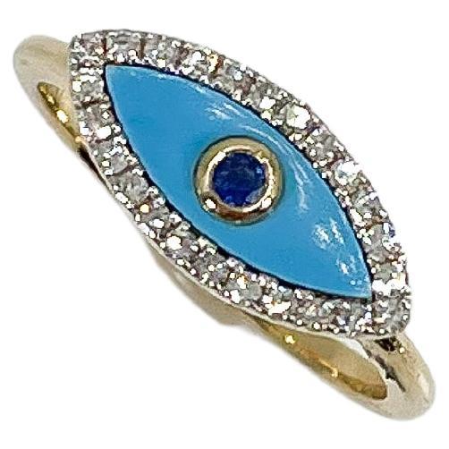 14K Yellow Gold .17 CTW Dia/ .23 CTW Turq/ .04 CTW Sap Evil Eye Ring For Sale