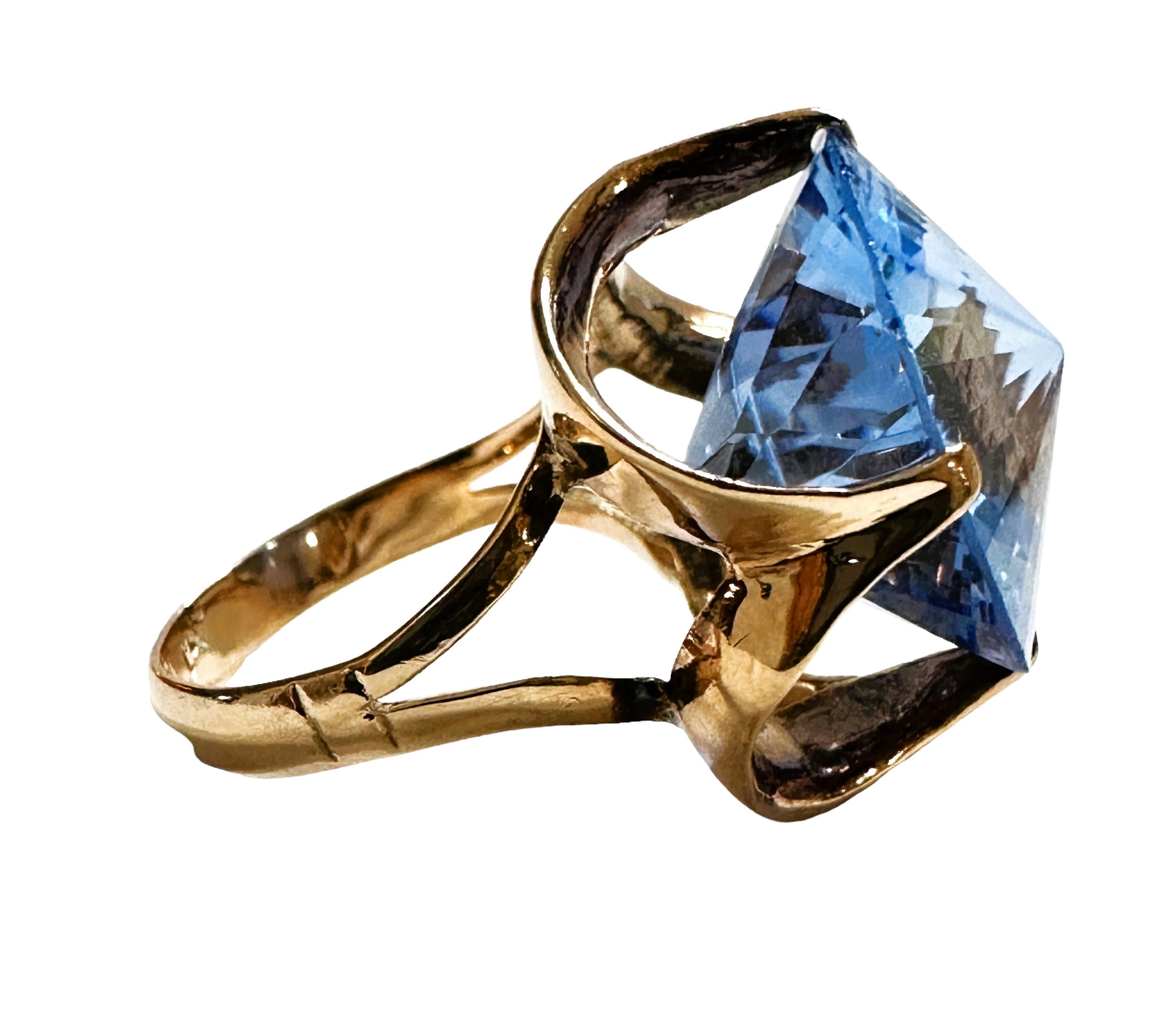 Round Cut 14k Yellow Gold 17 mm Fancy Cut Cornflower Blue Topaz Ring Size 6.5 w Appraisal