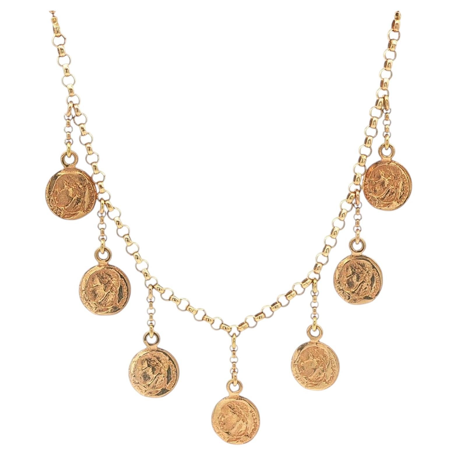 14k Yellow Gold 17" Rolo & Bead Link Chain Necklace w/ Dangle Coins