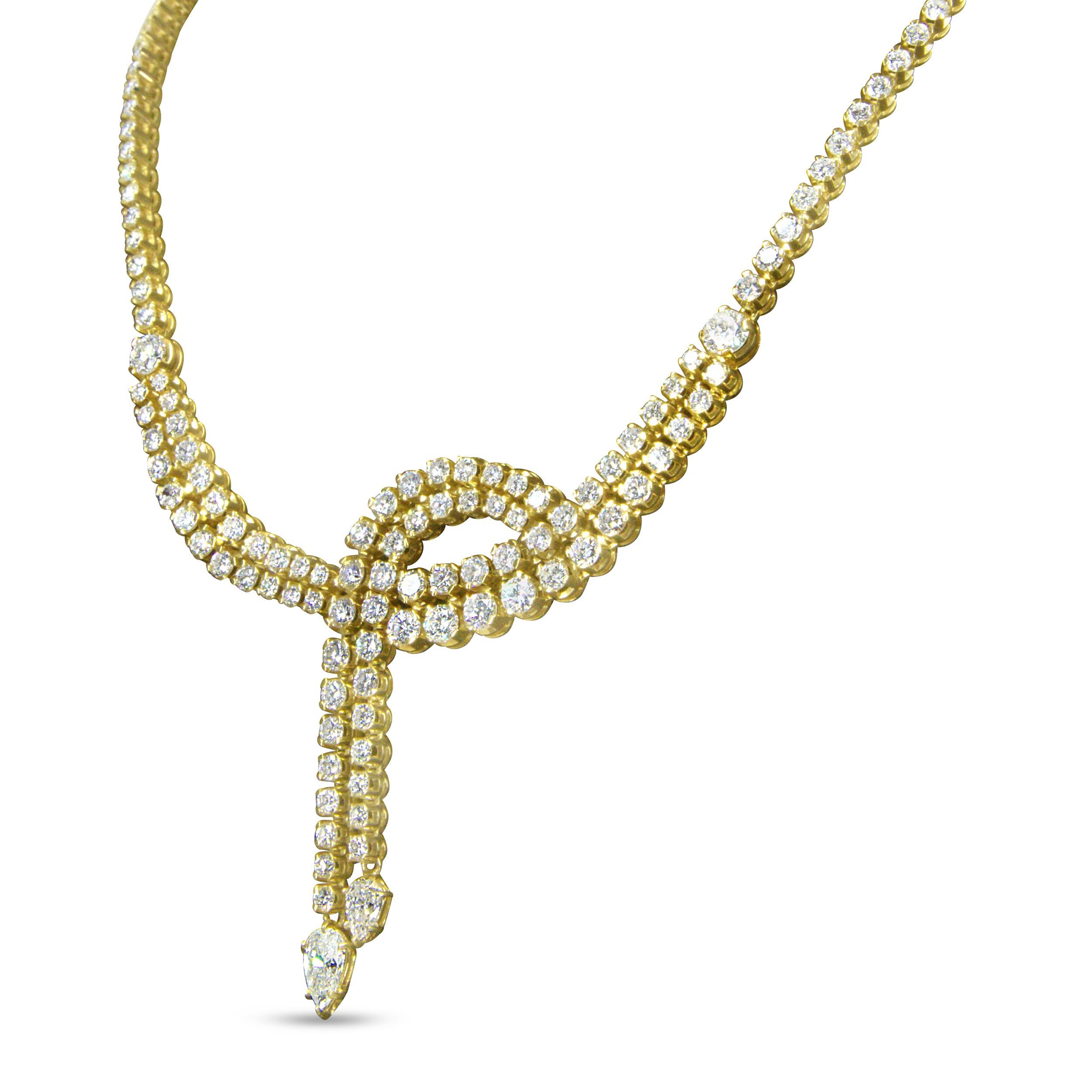 Adorn your neckline in radiant rows of luxurious natural diamonds! This lariat tennis necklace is an absolutely evocative design, enduringly elegant and boasting brilliant sparkle with over 200 diamonds that glitter and shimmer with your every move.