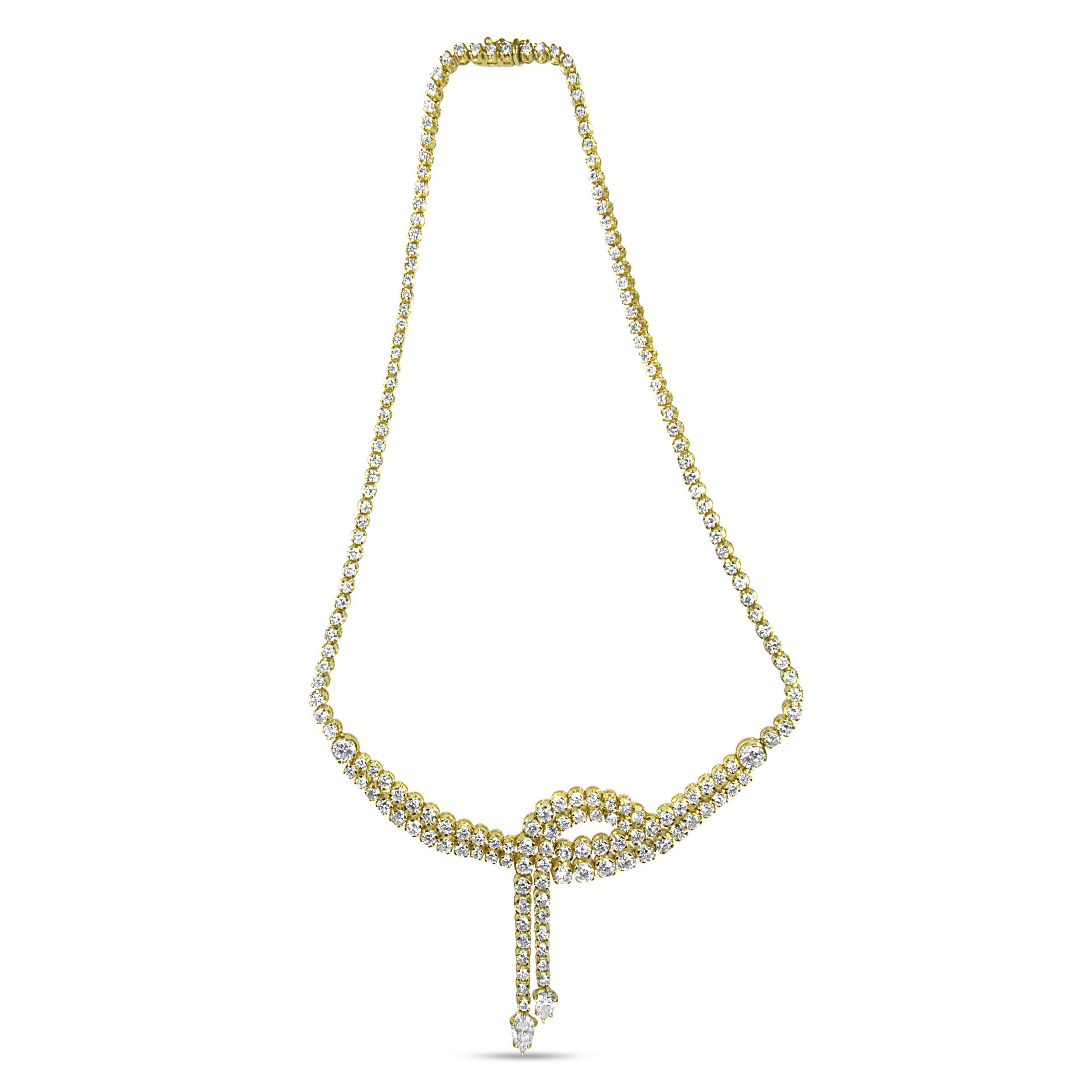 Round Cut 14K Yellow Gold 17.0 Carat Diamond Double Row Lariat Tennis Necklace For Sale
